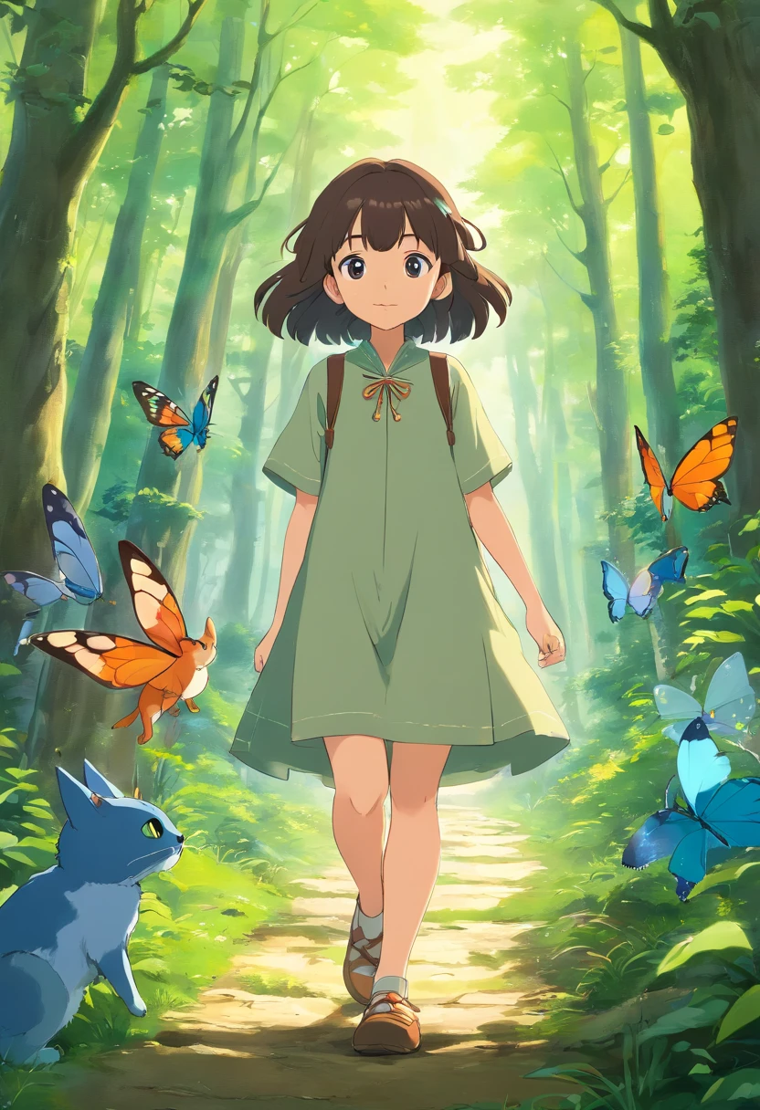 Um rapaz de pele branca e cabelo cinza e um rapaz de pele negra e cabelo azulado, caminhando juntos numa trilha encantada, magical forest environment, riacho com luzes cintilantes, animais encantados acompanham, gato, coelho, esquilo, fada borboleta, 3d, anime, obra prima