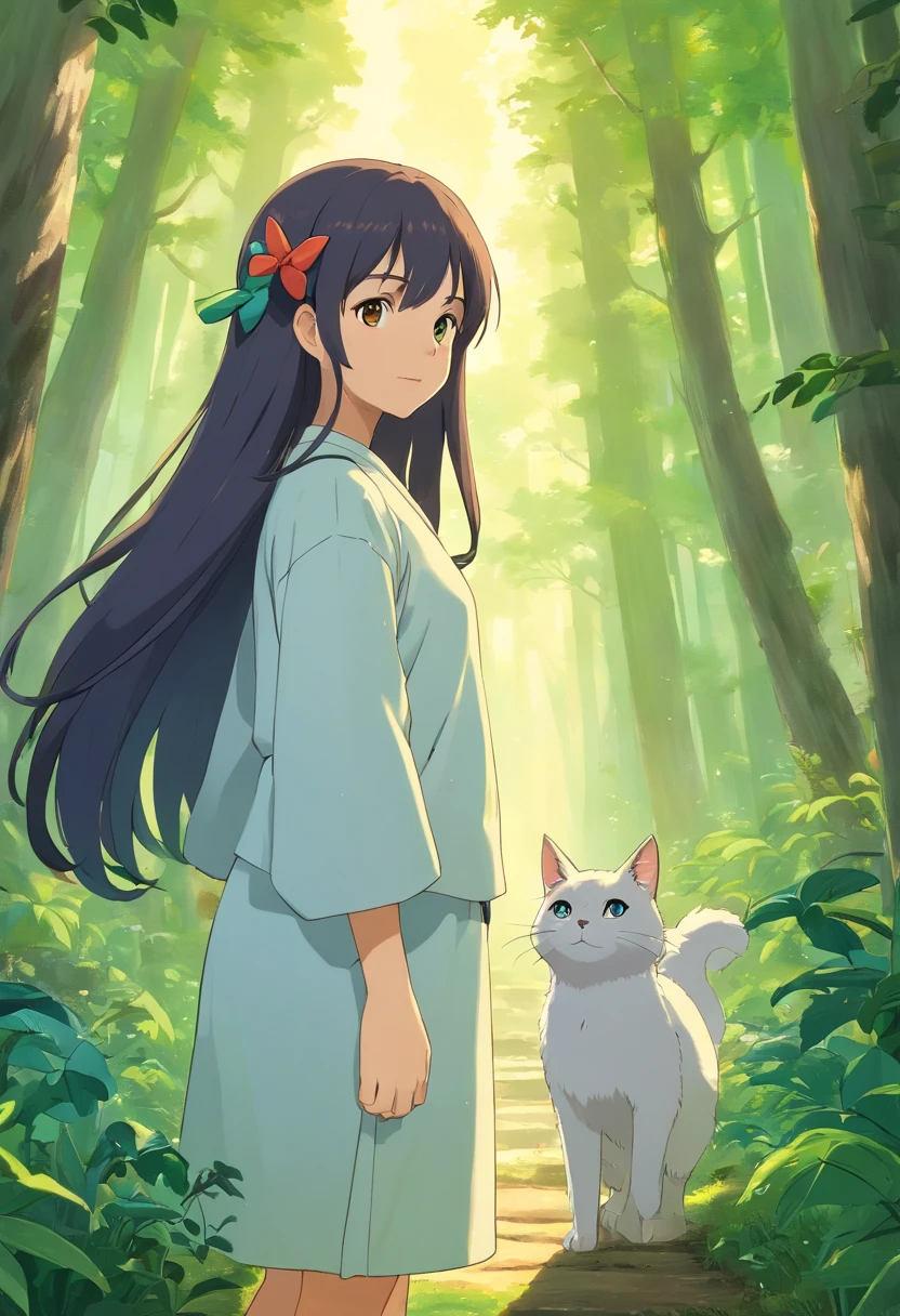 Um rapaz de pele branca e cabelo cinza e um rapaz de pele negra e cabelo azulado, caminhando juntos numa trilha encantada, magical forest environment, riacho com luzes cintilantes, animais encantados acompanham, gato, coelho, esquilo, fada borboleta, 3d, anime, obra prima