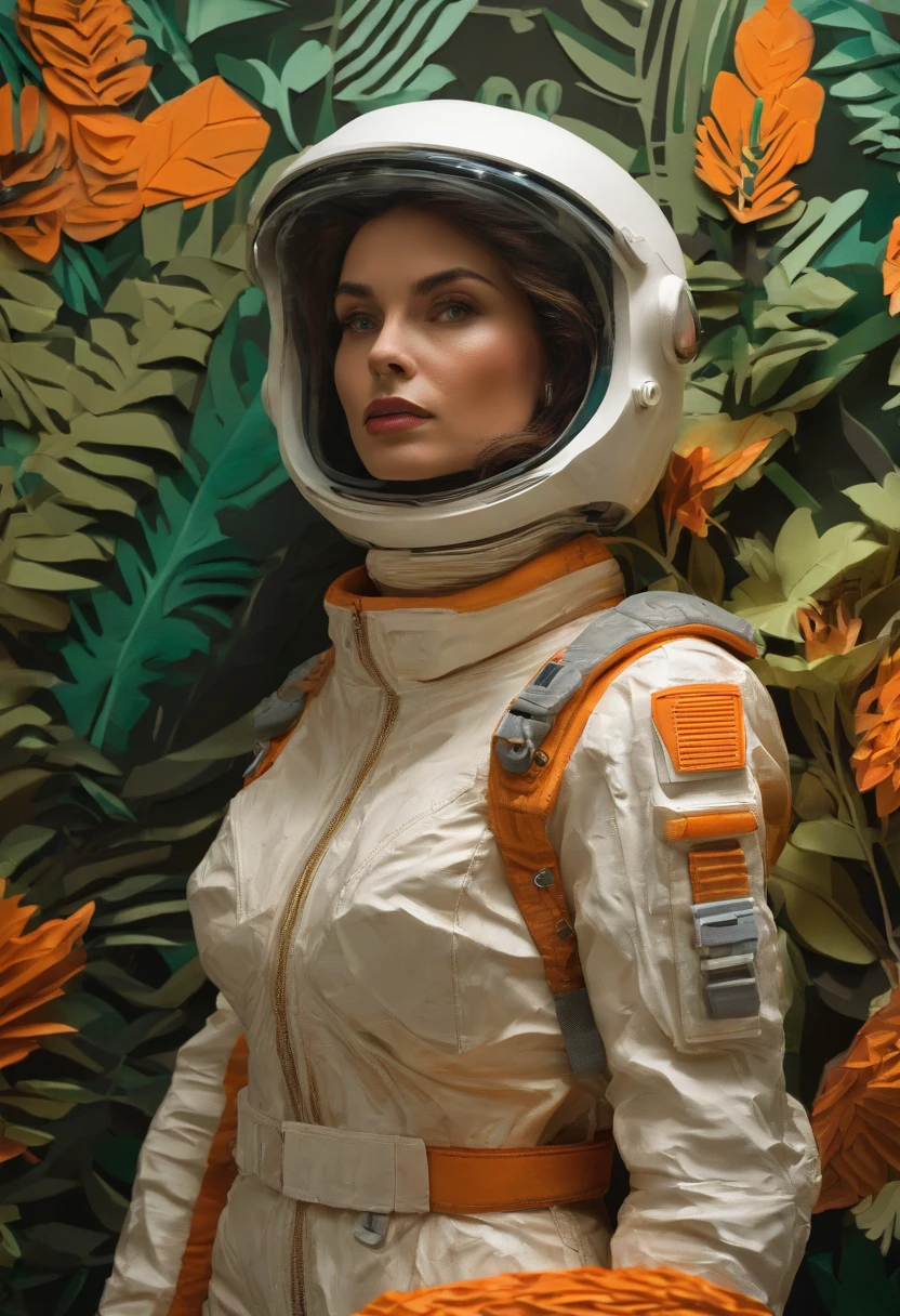 waist-up "female Astronaut in a Jungle" by Syd Mead, broken helmet tangerine cold color palette, muted colors, detailed, 8k