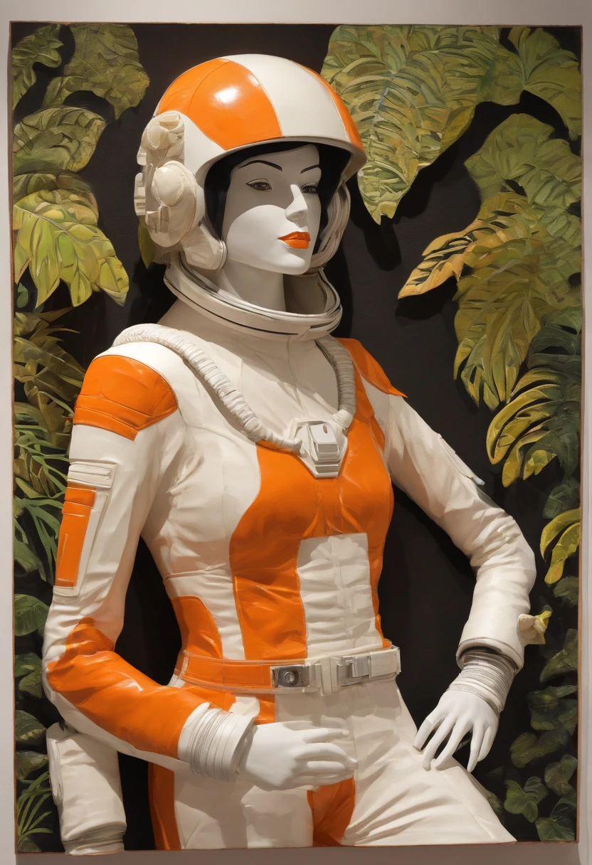 waist-up "female Astronaut in a Jungle" by Syd Mead, broken helmet tangerine cold color palette, muted colors, detailed, 8k