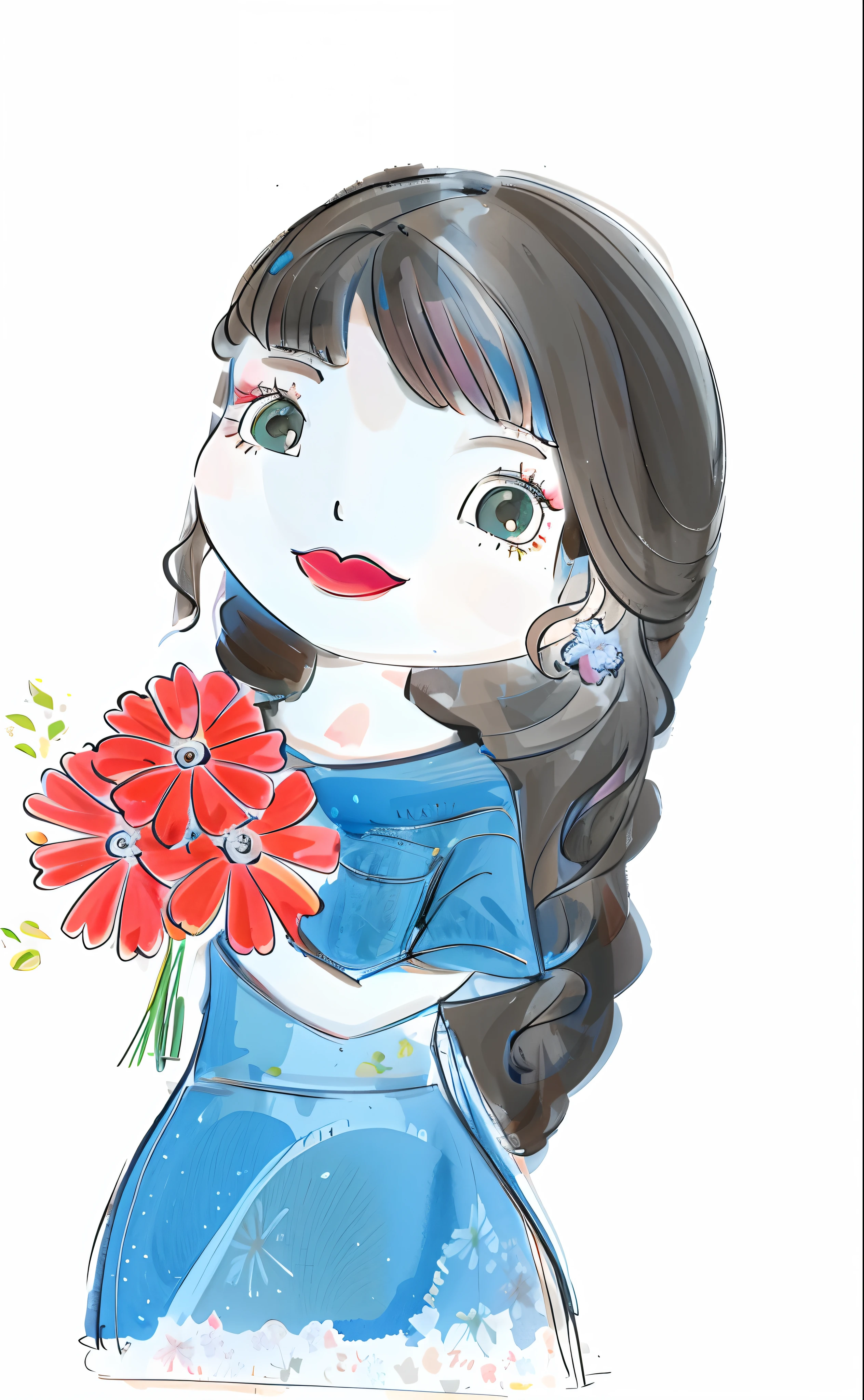 There is a drawing of a girl holding a bouquet of flowers, com flores, com um rosto de flor, flores em seus cabelos escuros, girl with a flower head, charicatura, segurando flores, inspirado em Ayako Rokkaku, inspirado em Takehisa Yumeji, Nice Cartunesco, Arte tradicional, segurando uma flor, Arte Digital!!