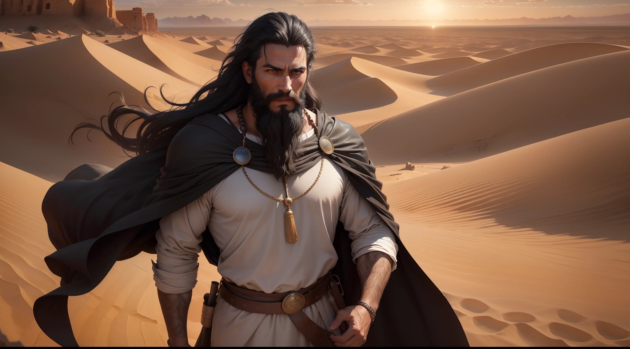 (best quality,realistic:1.37),man in his 35s,black hair,biblical setting,depiction of biblical Ismael,faithful representation,detailed facial features,dark eyes,long beard,traditional clothing,sand dunes in background,endless desert landscape,breathtaking sunset,brilliant colors,oil painting texture,masterpiece:1.2