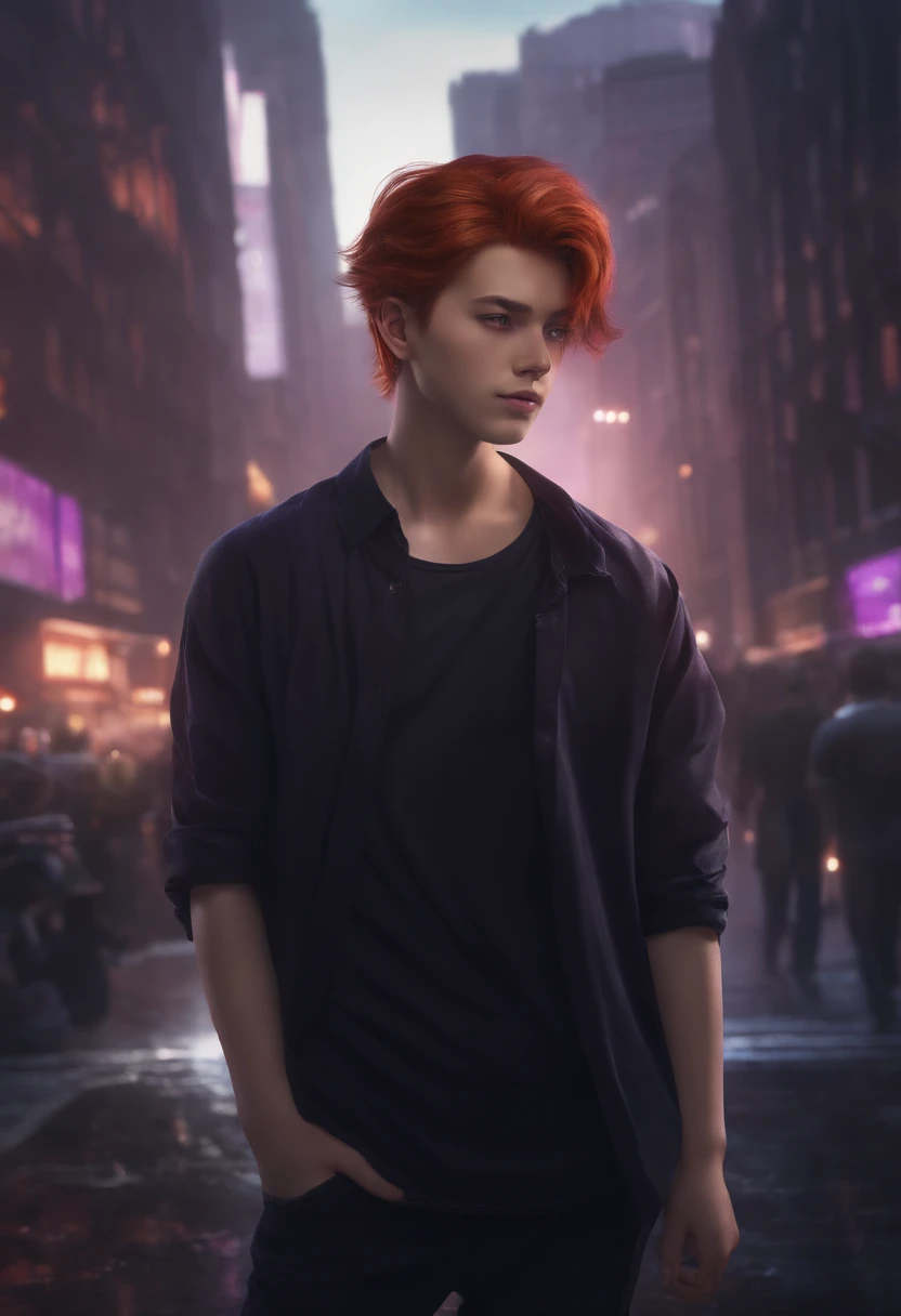 1boy, short red hair, red eyes, wearing plain black shirt, messy hair, pony tail, hair fading purple city, absurdres, high res, ultrasharp, 8K, masterpiece, looking at viewer