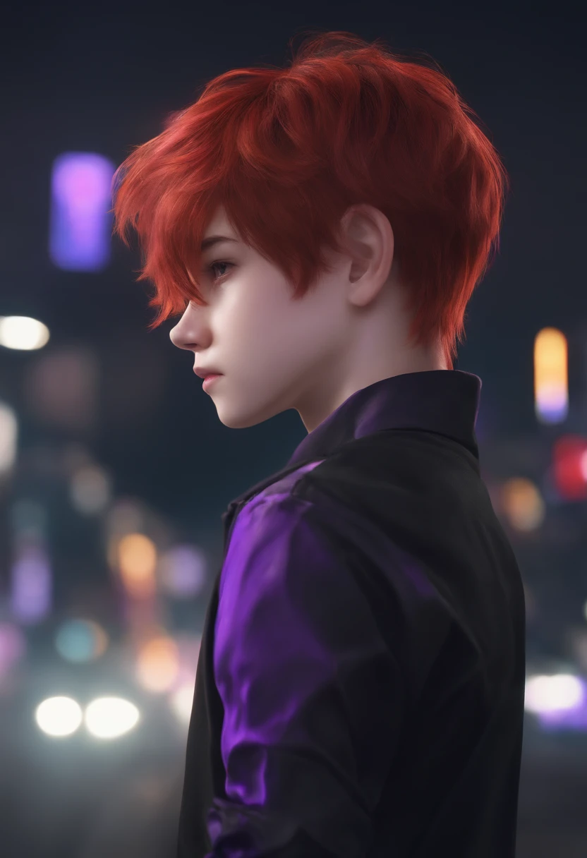 1boy, short red hair, red eyes, wearing plain black shirt, messy hair, pony tail, hair fading purple city, absurdres, high res, ultrasharp, 8K, masterpiece, looking at viewer