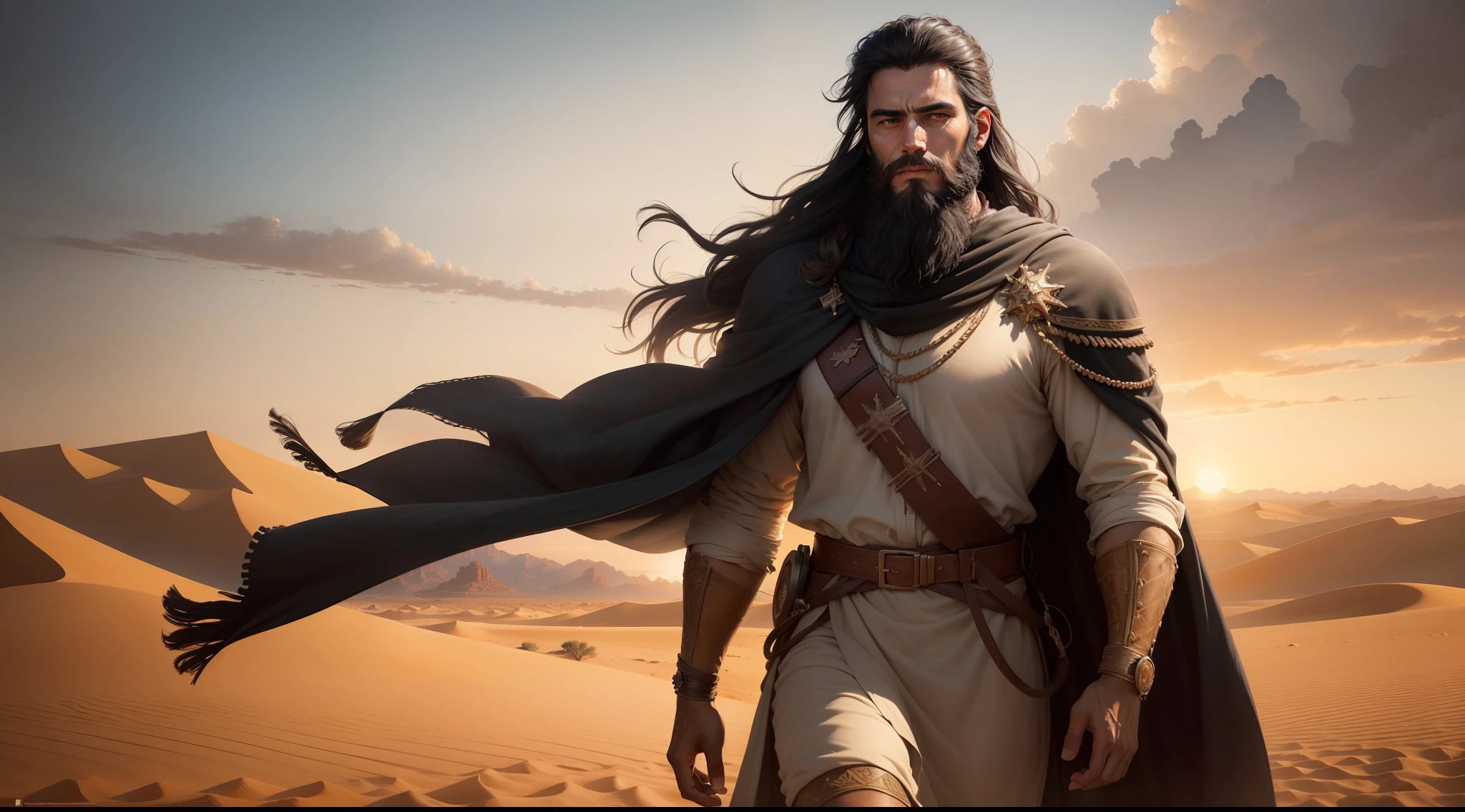 (best quality,realistic:1.37),man in his 35s,black hair,biblical setting,depiction of biblical Ismael,faithful representation,detailed facial features,dark eyes,long beard,traditional clothing,sand dunes in background,endless desert landscape,breathtaking sunset,brilliant colors,oil painting texture,masterpiece:1.2