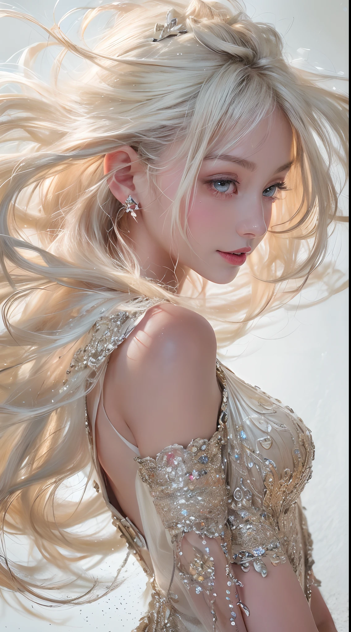 ((RAW shooting:1.5, realistic:1.5, 8K, highest quality, masterpiece, ultra high resolution)), Inside a luxurious British royal palace, professional camera work:1.3, Highly detailed skin and facial textures:1.3, glow light effect, Super detailed:1.3, cute 15 year old british princess, Fair skin, Glossy skin, (elegant:1.4, small face), Ultimate Cute Face:1.5, (cute eyes:0.9, looking far away), smile:1.0, (mouth slightly open:0.4, cute mouth:0.7), double eyelid, ((super long white blonde curly hair)), tiara, necklace and earrings, ((elegantで光沢のあるサテンのプリンセスドレスをオフショルダーで正しく着こなす方法)), big breasts, cowboy shot, ((sunrise, sunlight shining from behind:1.6, Strong sunlight spreads across the screen:1.6)), ((Strong sunlight shines on a woman:1.7))
