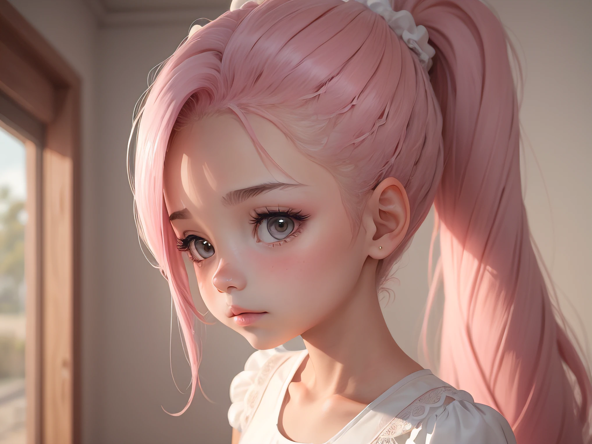 a girl, Cabelos Longos, ponytail stuck on top of head, Cabelos castanhos, corpo inteiro, branca, olhos azuis, long baby pink dress, white scenario