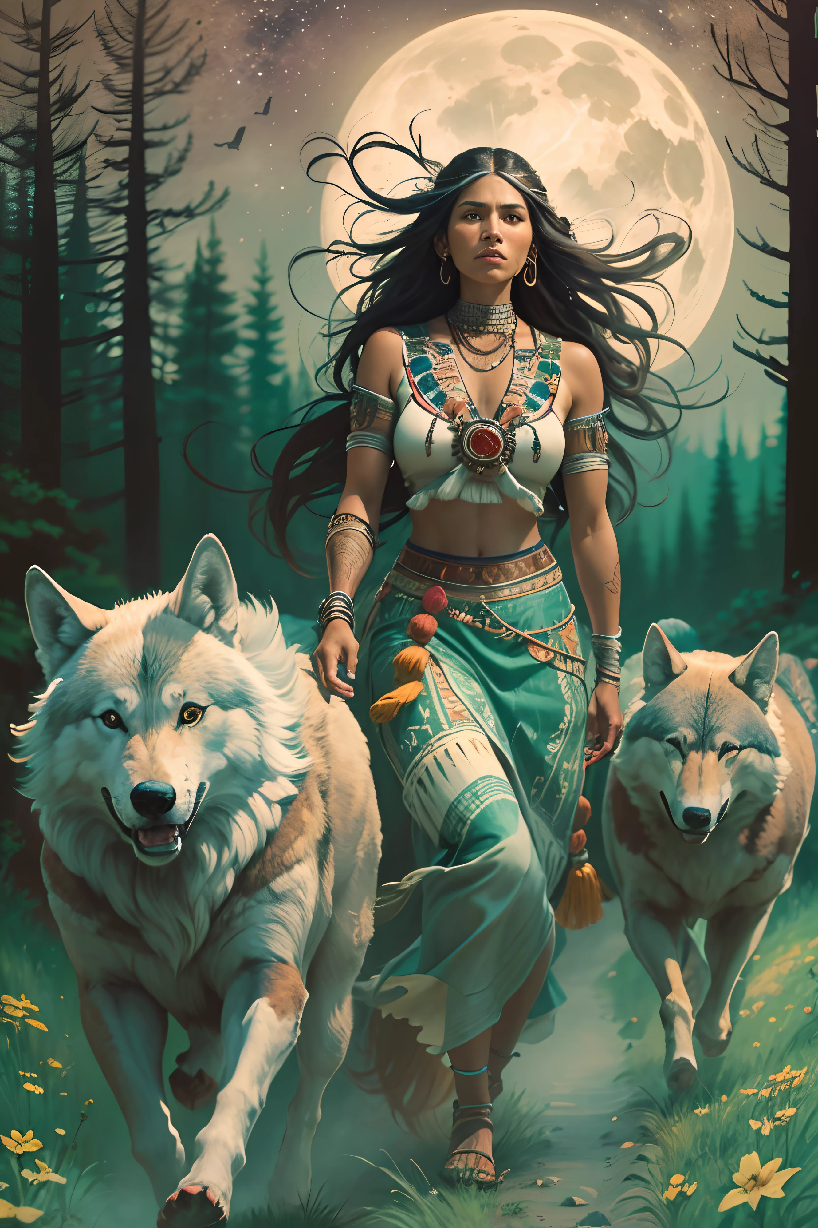 beautiful native american woman,running with wolves,through a valley in the moonlight,illustrated in traditional Native American art style,(best quality:1.2),(realistic:1.37),vibrant colors,soft lighting,native patterns,flowing hair and dress,expressive eyes,striking facial features,proud and strong posture,sacred animals in the background,nature elements,symbolic moon and stars,tribal symbols,subtle texture,detailed line work,fine brush strokes,painterly style.