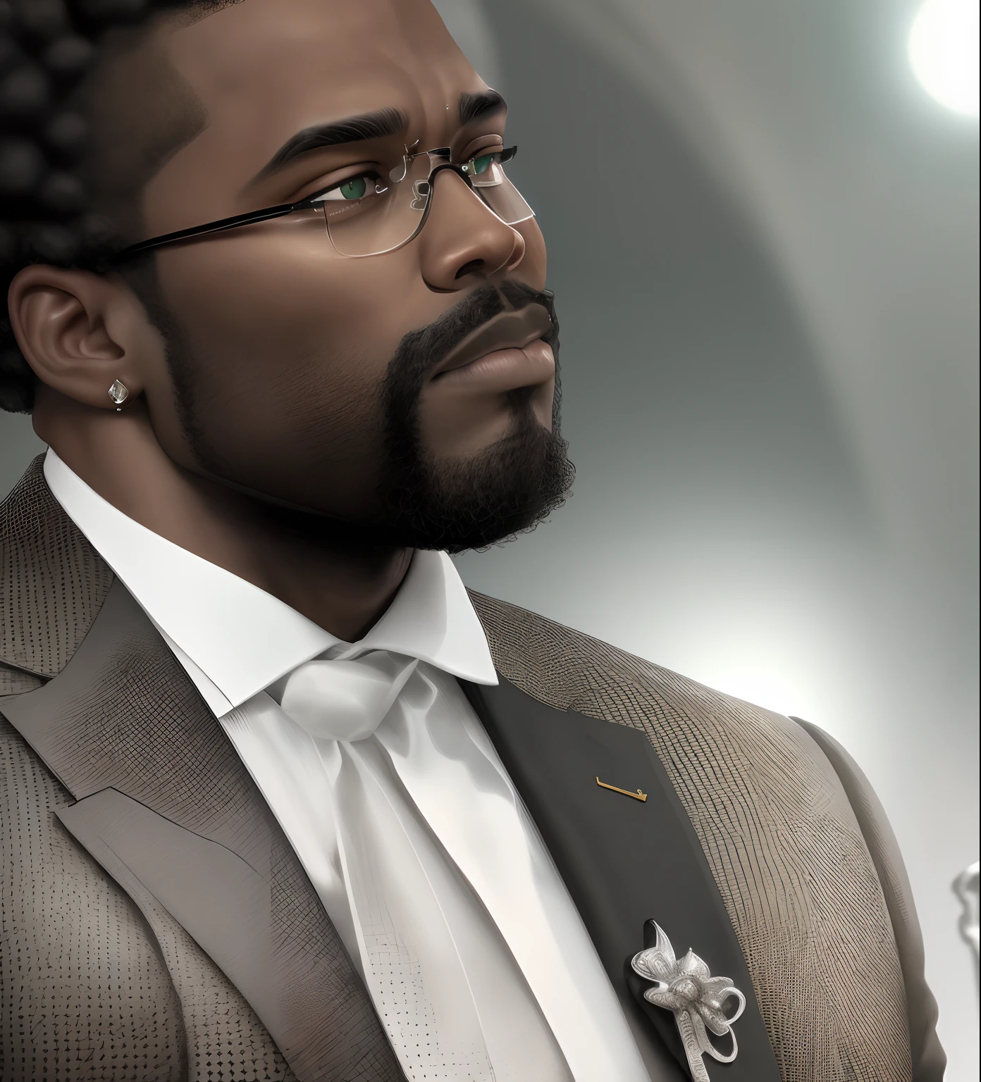 Black man, ripped, big , full beard, 5'10, full body, black curly low taped curly top fro, 32k, 4k, extremely high quailty, sunlight, portrait, full background, background from the matrix with the green lined codes, cartier glasses, black and white louis vutton suit with a red, white, black, and gray pattered handkerchef, shine in eyes and big diamond earings glimmer,