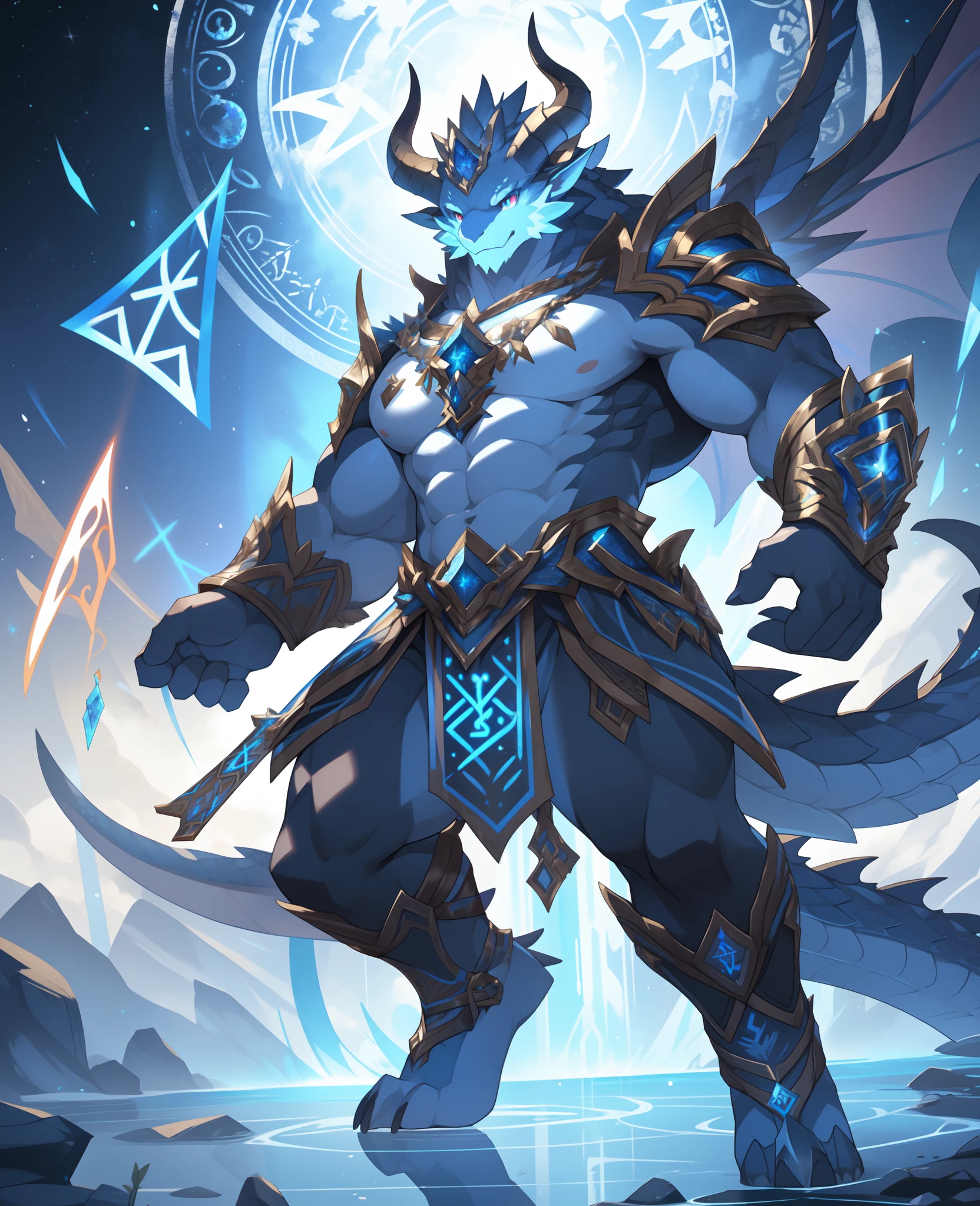 masterpiece, ultra detailed, multicolored eyes, celestial being, solo focus, male, horn, scales, orichalcum, reflective, dispersion, (spectrum:1.1), flakes, (runes:1.2), full body, floating hands, swaying, shadowverse, cygames, official art, video games, digitigrade, muscular, detailed eyes