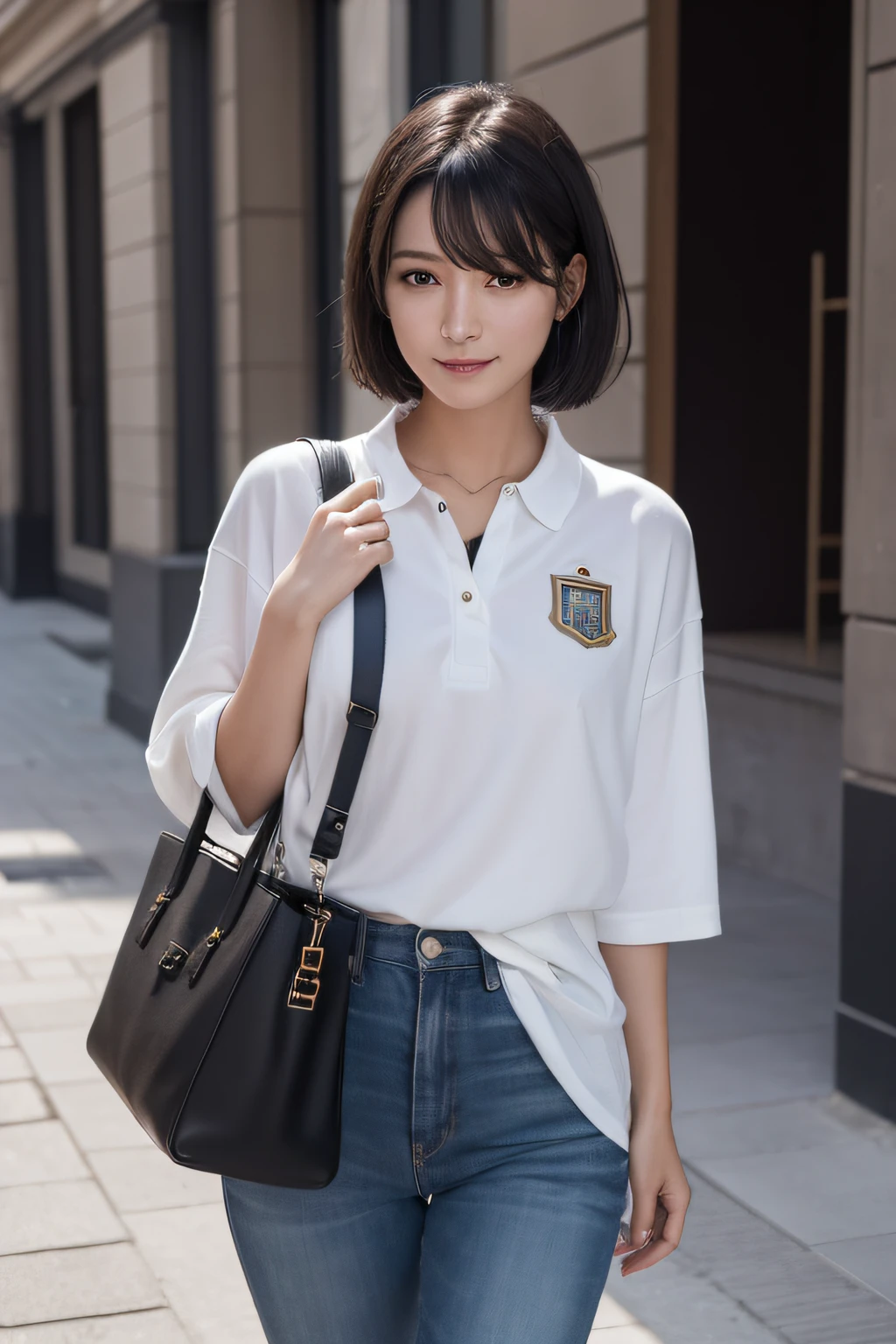 1 girl, short black hair, brown eyes, wearing bloke core style fashion clothes, city, absurdess, high res, ultrasharp, 8K, masterpiece, looking at viewer, soccer jersey from Argentina(jersey has 3 stars for the three world cups won), full body shot, nationality Korean, smiling sexy, with a prada handbag, high resolution, fine detail, face line, (Realistic, Photorealistic: 1.37), Professional lighting, Photon mapping, Radiosity, Physically Based Rendering, Rich Detail, (Fine Face),(Fine Eyes), (Clear Face), (Detailed Face Description), (Detailed Hand Description), Extreme Light and Shadow, Shiny Skin,