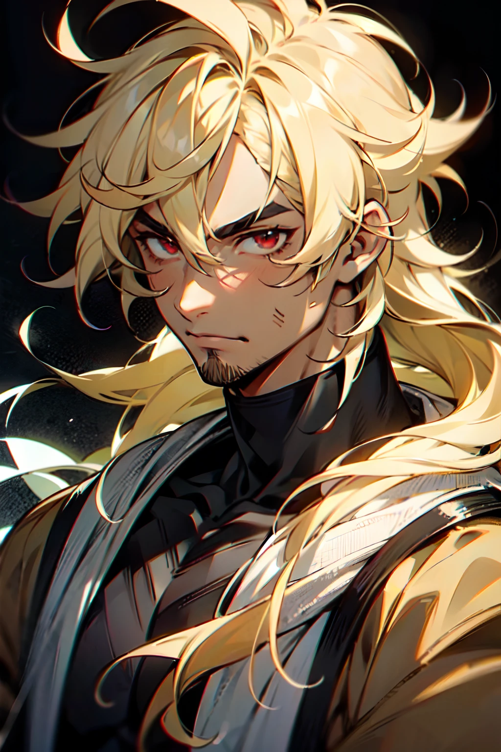 closeup, 1boy, mature male, male focus, muscular, (dark-skin), messy hair, hair over shoulder, long hair, pale blonde hair, AND (((blonde eyebrows))), (hair between eyes), (red eyes), (((sparse stubble))), (bags under eyes), white background