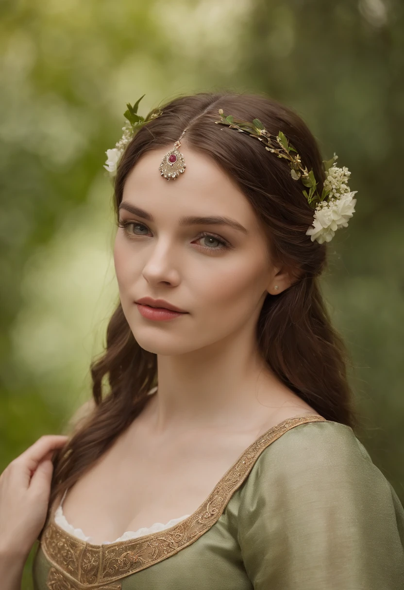 Uma bela e sedutora garota medieval com grandes olhos cinzentos, of dark eyelashes, de cabelos vermelhos-escuros com suaves cachos largos, pele suave, branca e leitosa, with pink flush on the cheekbones, boca grande, covinha no queixo arredondado.