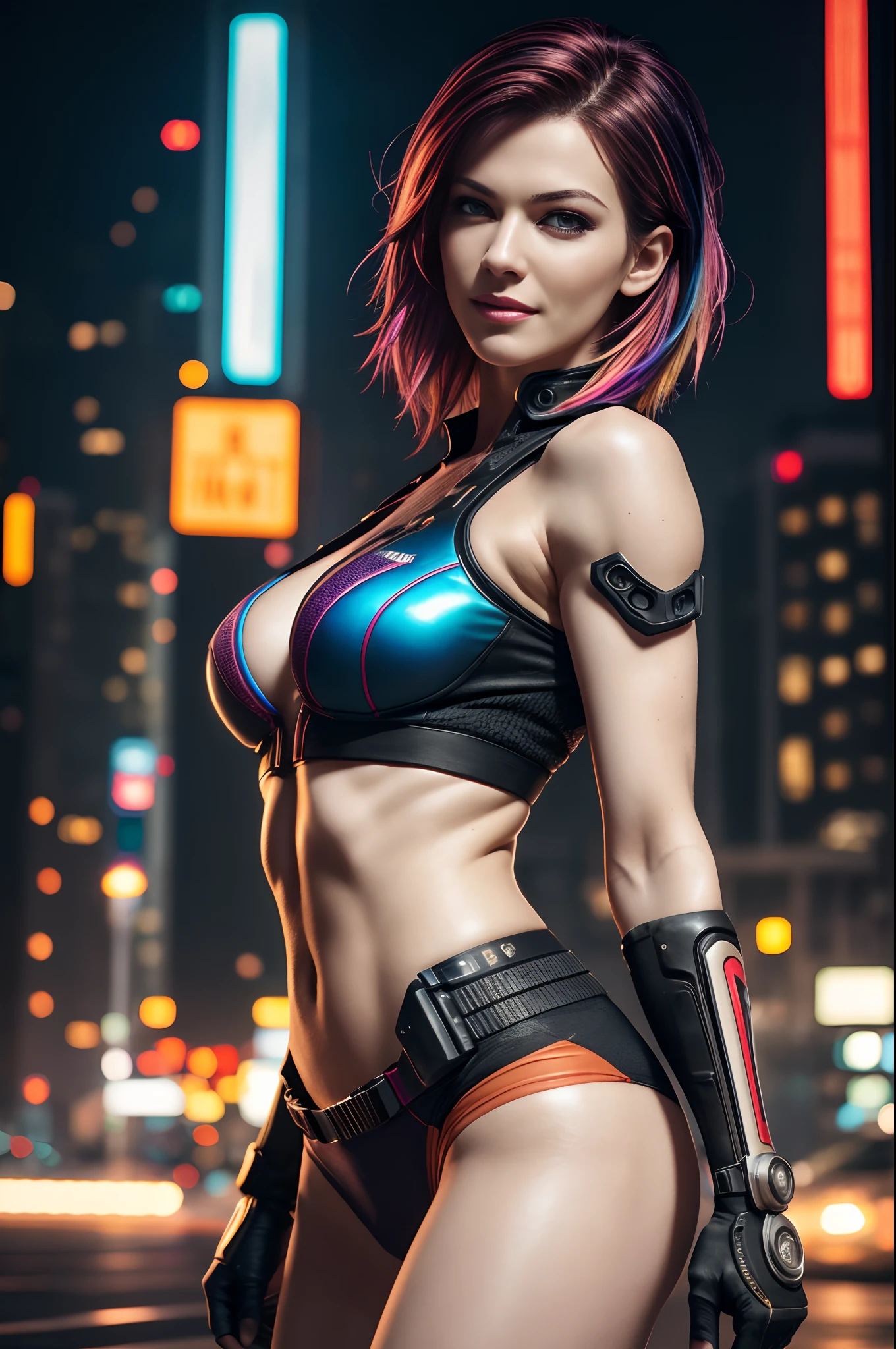 (Beautiful mature female (perfect face)), (Milla Jovovich:0.3), wicked smile, pale skin, (skin texture:1.1), (high detail sexy cyberpunk clothing), (high detail eyes:1.2), (multi coloured hair), (random short hairstyle), fit athletic body, cyberpunk city at night, raining, (masterpiece), (photorealistic:1.4), RAW photo, best quality, high res, rich colors, backlight, cinematic lighting, film grain, raw photo, 50mm lens, Nikon D850, warm colors