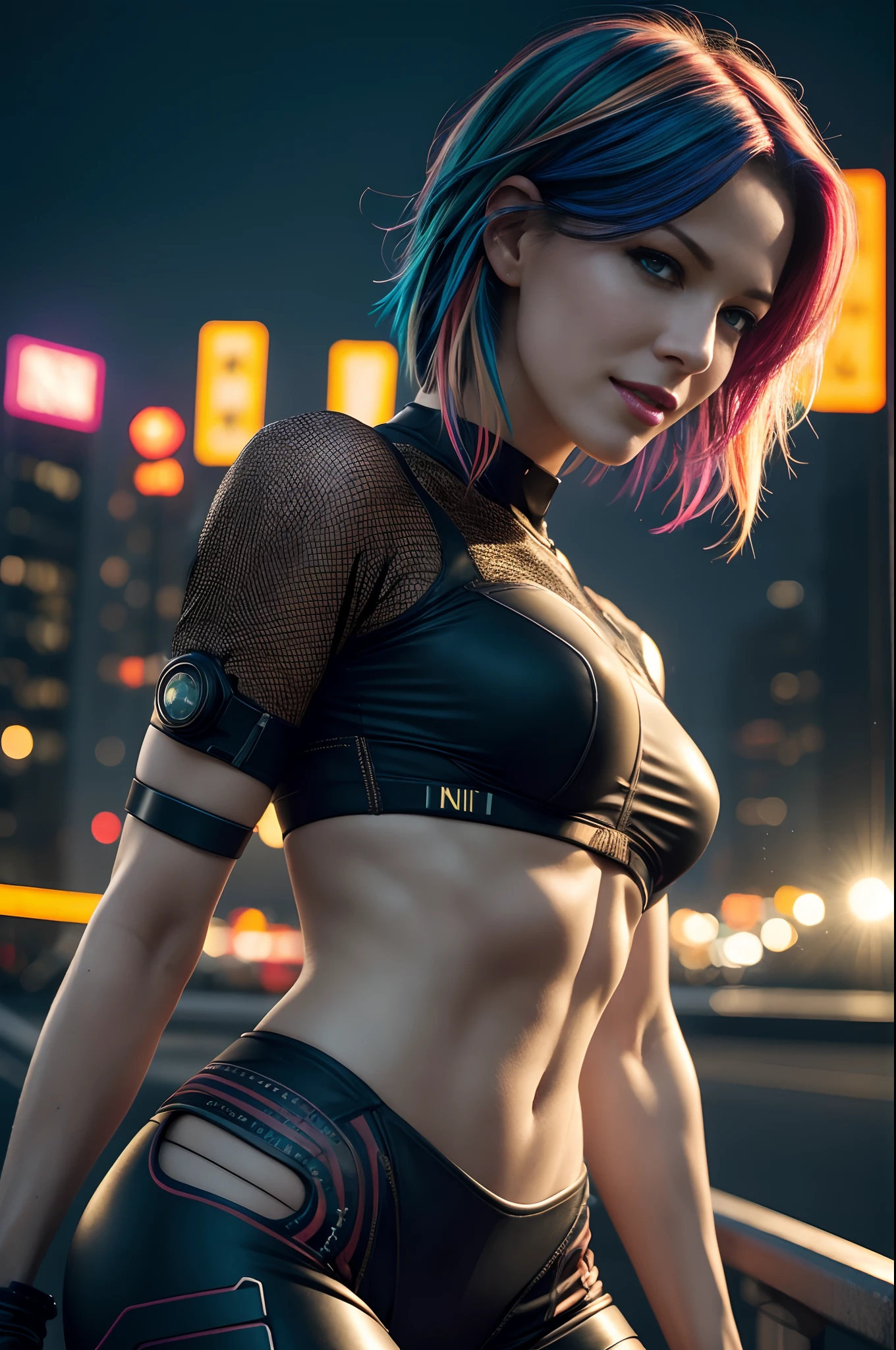 (Beautiful mature female (perfect face)), (Milla Jovovich:0.3), wicked smile, pale skin, (skin texture:1.1), (high detail sexy cyberpunk clothing), (high detail eyes:1.2), (multi coloured hair), (random short hairstyle), fit athletic body, cyberpunk city at night, raining, (masterpiece), (photorealistic:1.4), RAW photo, best quality, high res, rich colors, backlight, cinematic lighting, film grain, raw photo, 50mm lens, Nikon D850, warm colors