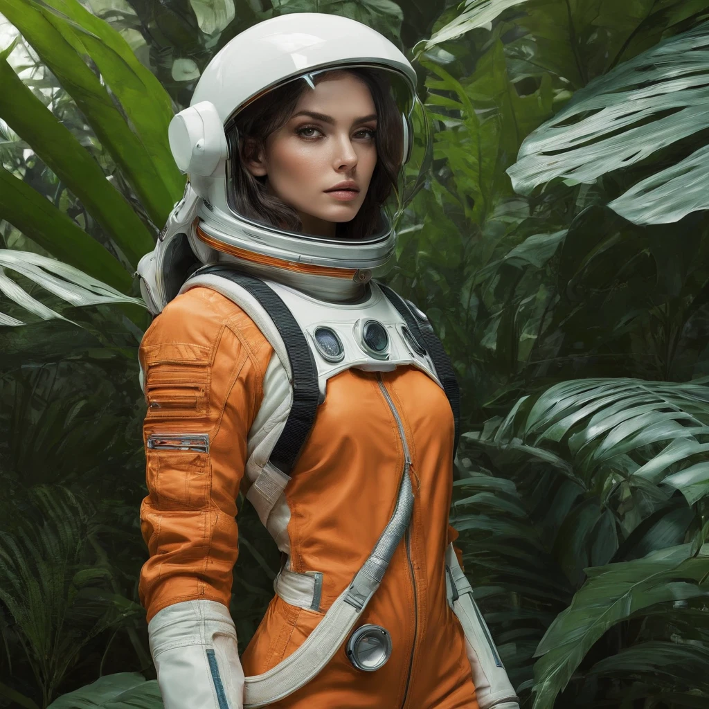 waist-up "female Astronaut in a Jungle" by Syd Mead, broken helmet tangerine cold color palette, muted colors, detailed, 8k