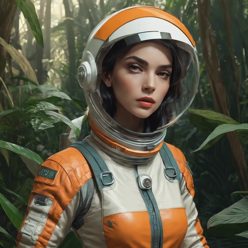 waist-up "female Astronaut in a Jungle" by Syd Mead, broken helmet tangerine cold color palette, muted colors, detailed, 8k