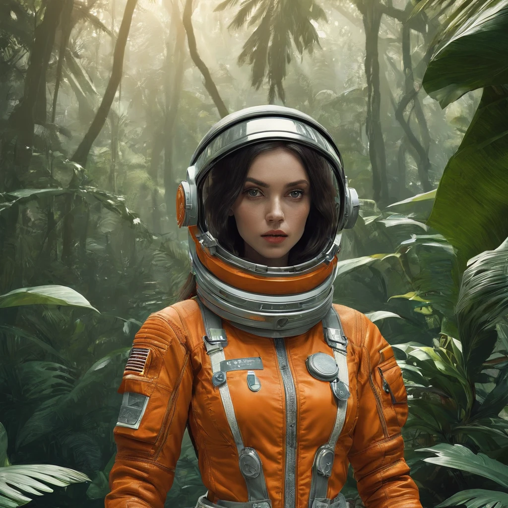 waist-up "female Astronaut in a Jungle" by Syd Mead, broken helmet tangerine cold color palette, muted colors, detailed, 8k