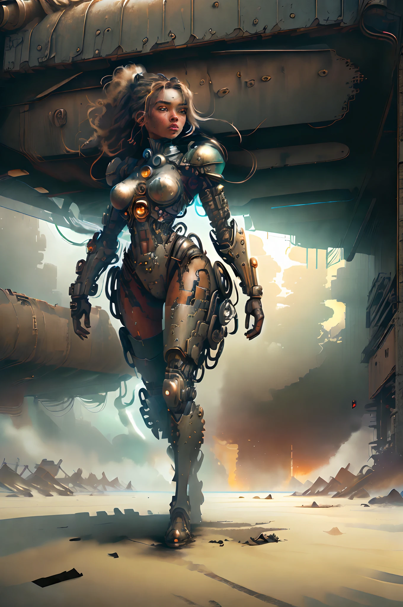 Beautiful cyborg woman,walking through post-apocalyptic world,iron and steel landscape,ruined buildings,desolate wasteland,dramatic sunset lighting,scattered debris,futuristic technology,Ethereal glowing eyes,cybernetic limbs,mysterious aura,(best quality,4K,high-res),dystopian setting,sci-fi concept art,vivid colors,contrasting shadows,glimmering reflections,striking visual composition.