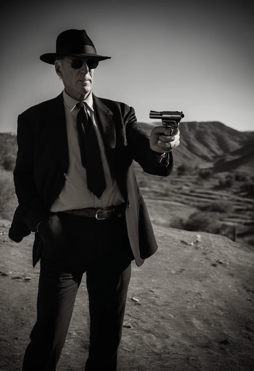 James woods idoso, com um fedora e um sobretudo preto, Pointing the revolver at the camera, camera low, Bottom view, clint com olhar de raiva, traje social