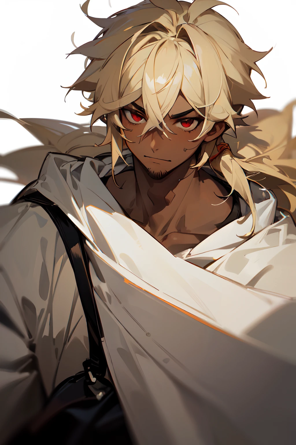 closeup, 1boy, (dark-skin), messy hair, hair over shoulder, long hair, pale blonde hair, (((blonde eyebrows))), (hair between eyes), (red eyes), (((sparse stubble))), (bags under eyes), white background