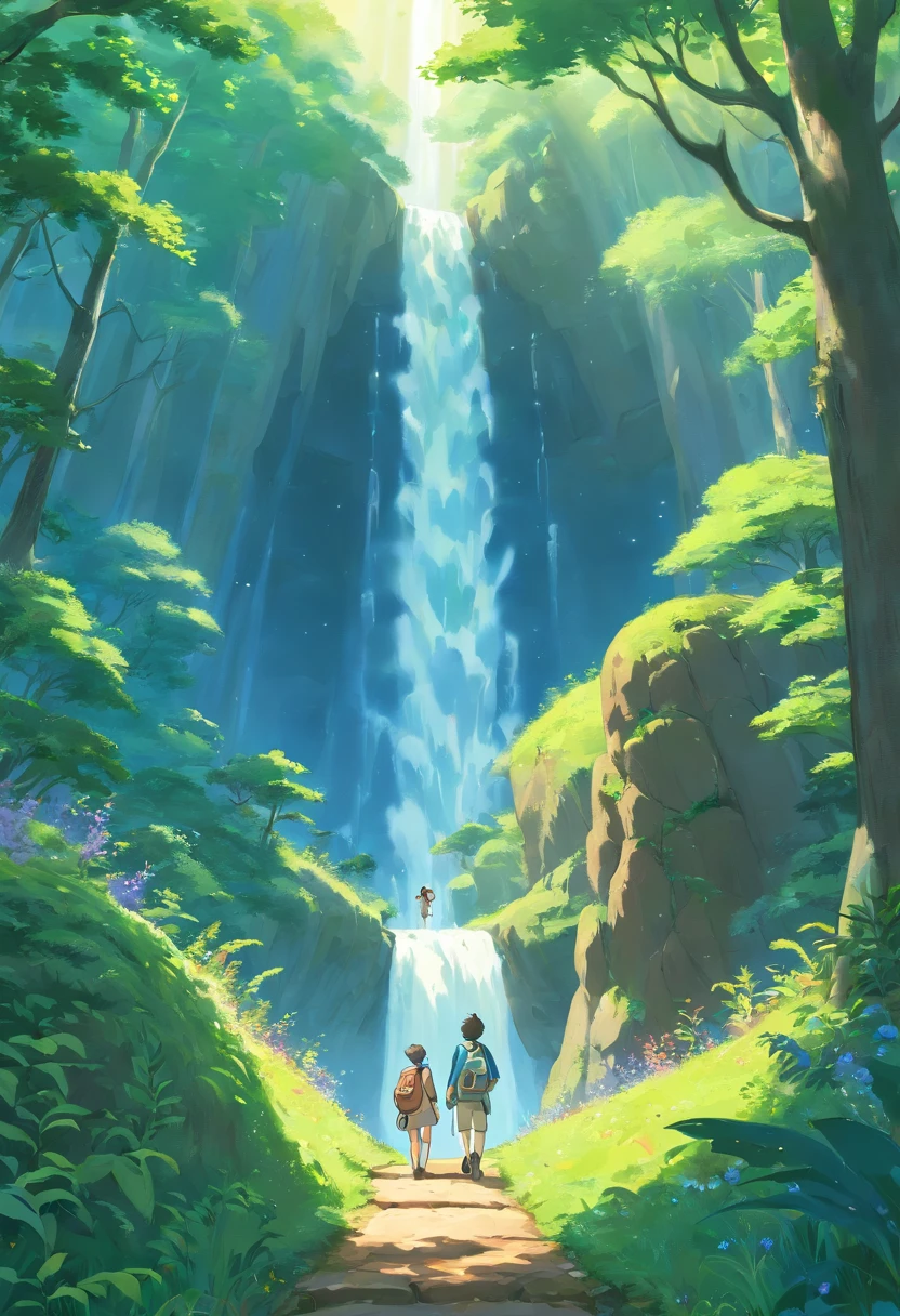 Two adventurous friends on mission, Homem jovem de cabelo cinza e outro homem jovem de pele preta e cabelo azul, correm por uma trilha encantada, Below the environment of a magical forest a sparkling waterfall, gato encantado acompanha, coelho guia, fada borboleta, magical forest, 3d, anime, obra prima