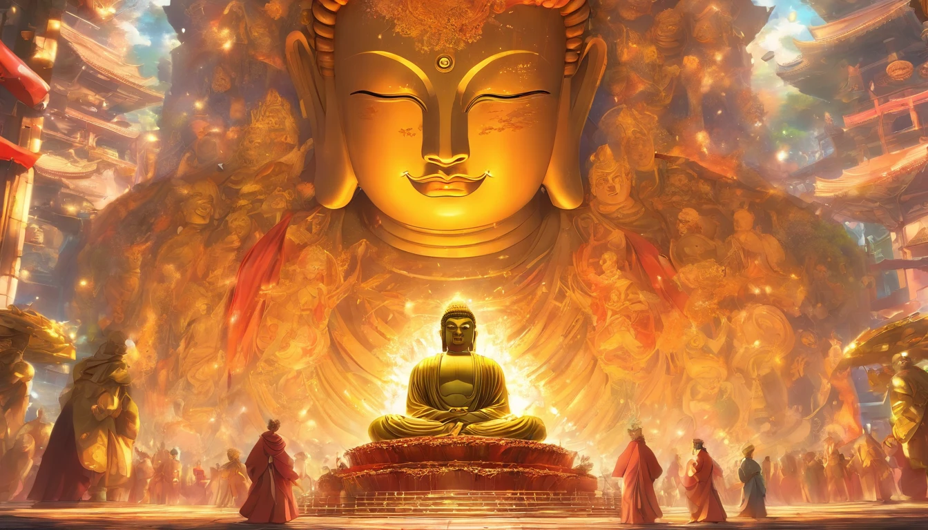 Mechanical statue of super giant Buddha,Crowds worshipping,Escrituras celestiais,NO ESTILO STEAMPUNK,super-fino,8k,Obras de mestres,Meticulous mechanical representation,Renderizador OC,Ultra foto realsisim