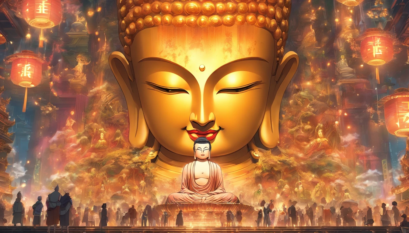 Mechanical statue of super giant Buddha,Crowds worshipping,Escrituras celestiais,NO ESTILO STEAMPUNK,super-fino,8k,Obras de mestres,Meticulous mechanical representation,Renderizador OC,Ultra foto realsisim