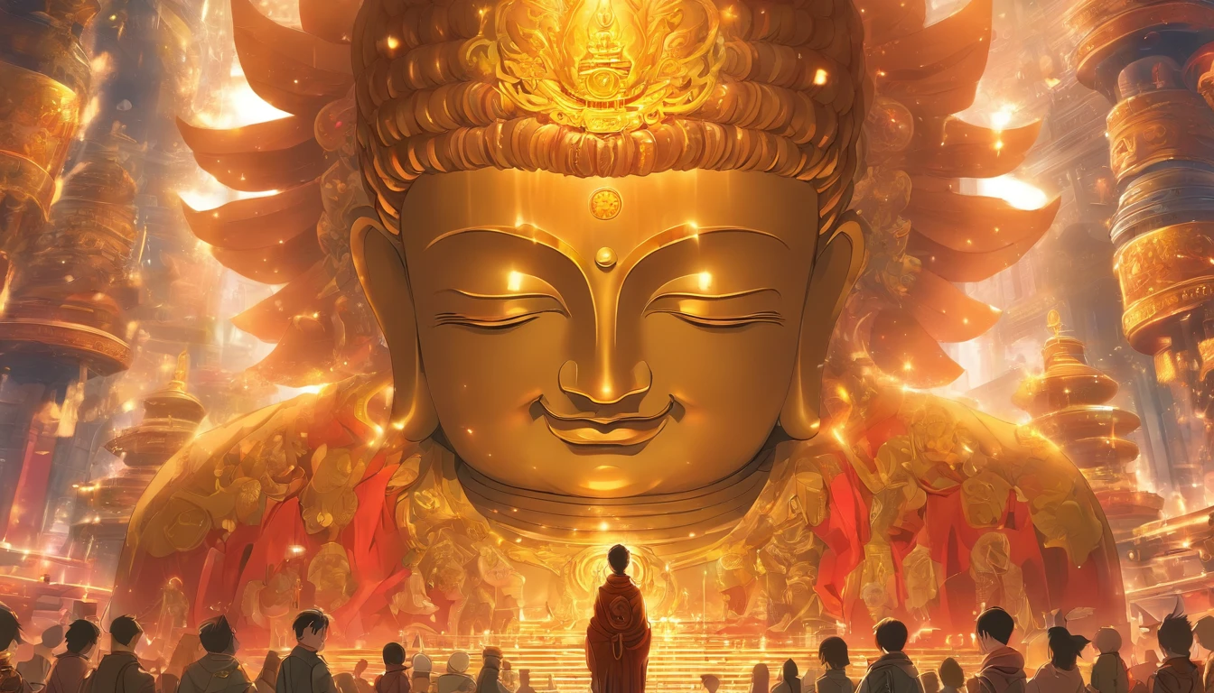 Mechanical statue of super giant Buddha,Crowds worshipping,Escrituras celestiais,NO ESTILO STEAMPUNK,super-fino,8k,Obras de mestres,Meticulous mechanical representation,Renderizador OC,Ultra foto realsisim