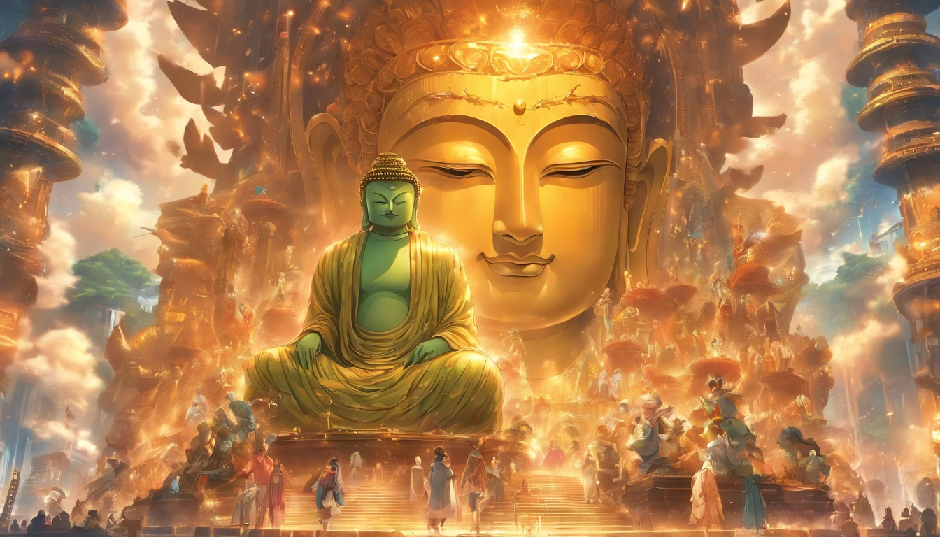 Mechanical statue of super giant Buddha，Crowds worshipping，Escrituras celestiais，NO ESTILO STEAMPUNK，super-fino，8k，Obras de mestres，Meticulous mechanical representation，Renderizador OC，Ultra foto realsisim