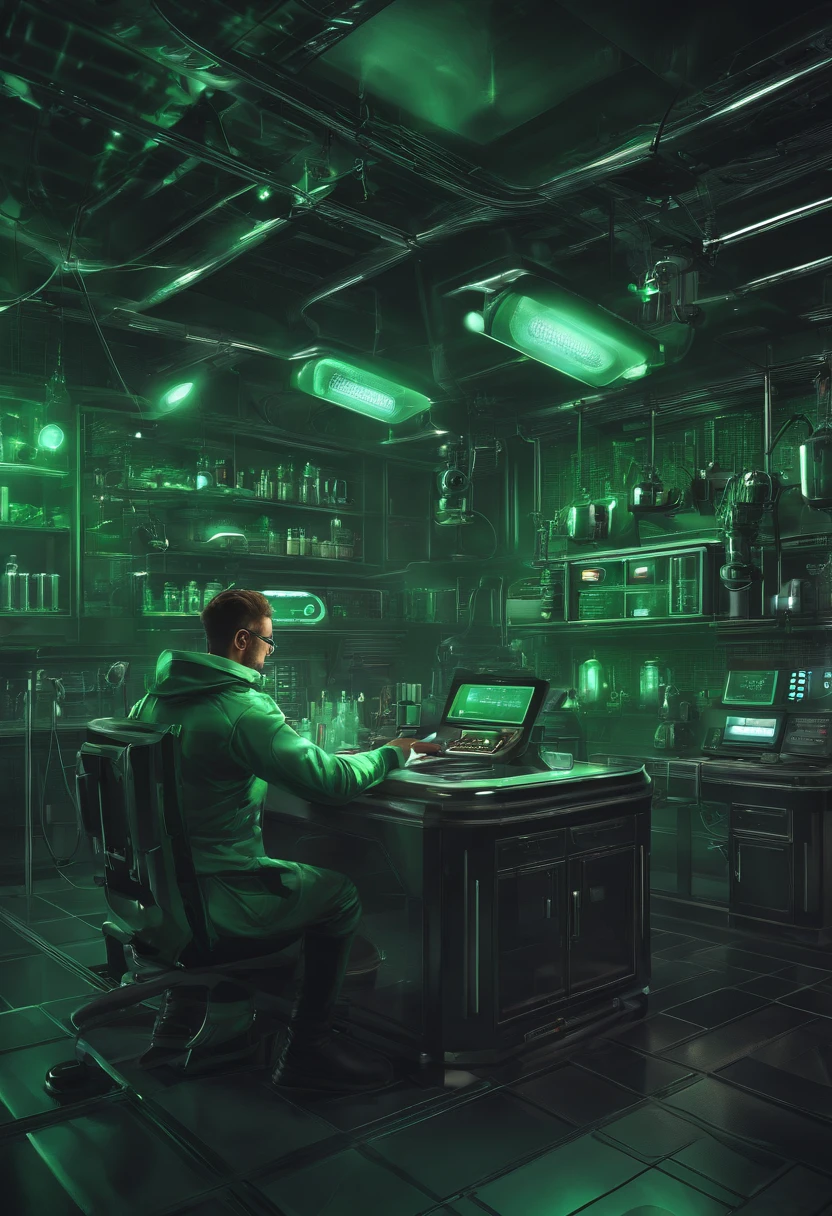 NFT 4 - Name: "Digital Alchemist"
Develop an NFT that represents a digital alchemist in their futuristic laboratory. The main character, a scholarly superhero, should be surrounded by shiny technological equipment and digital experiments. The color palette should be dominated by green and black, with gleaming metallic details. Ensure you capture the details of the technological gadgets and the laboratory atmosphere.