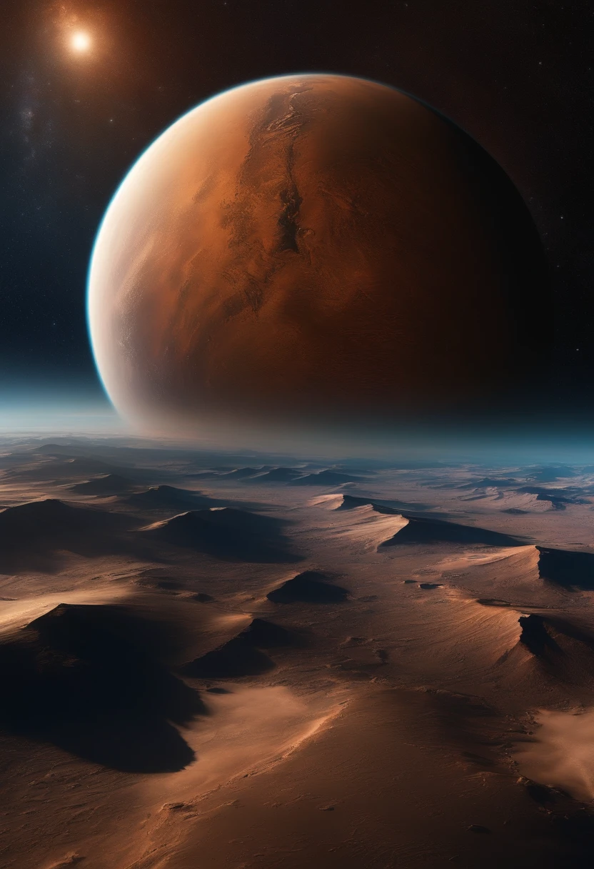 A view of the earth from space, the planet mars can be seen in the distance