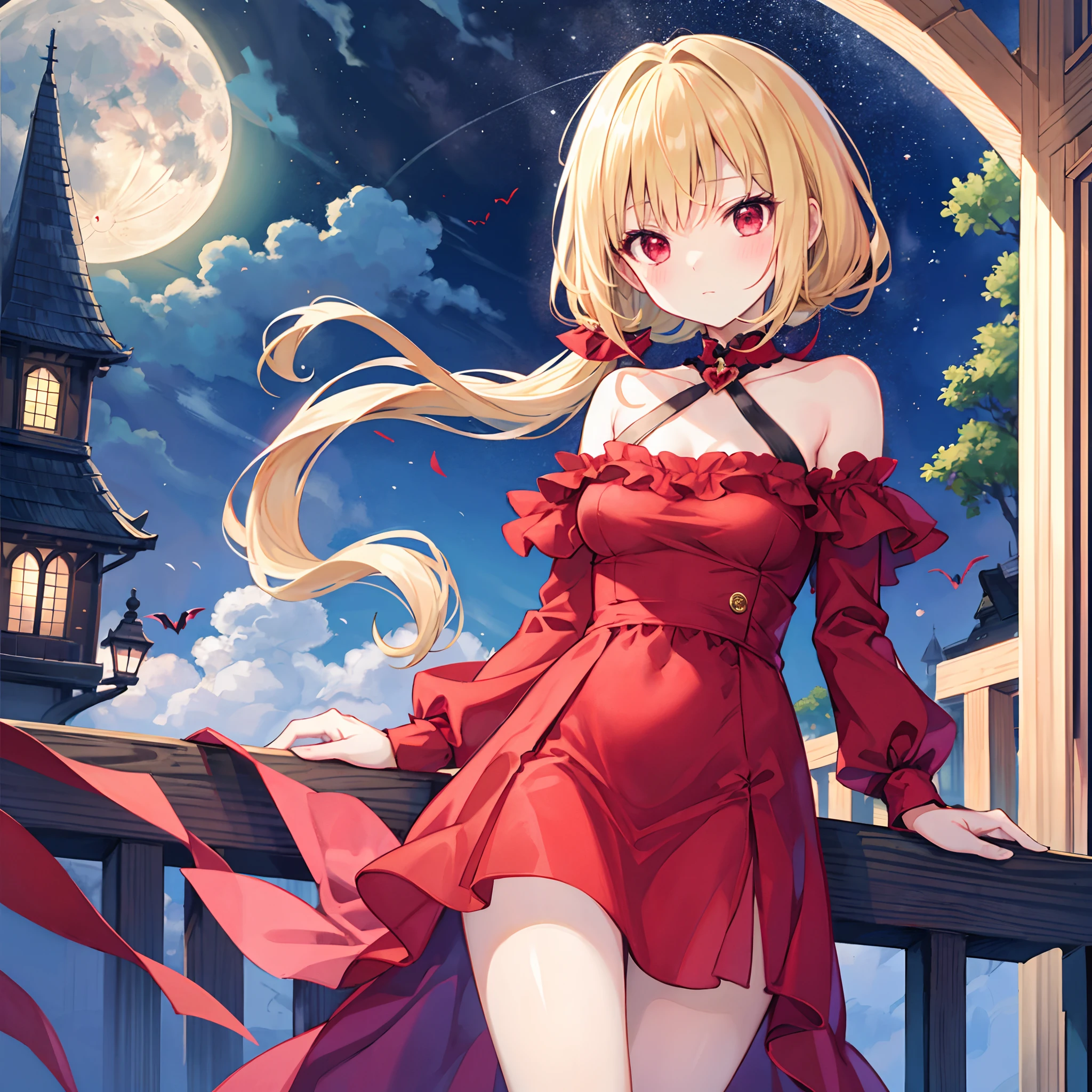 poneyTail、a blond、Vampire、red eyes、Beautiful girl alone、RED dress、Gentle expression、a moon、Midnight、