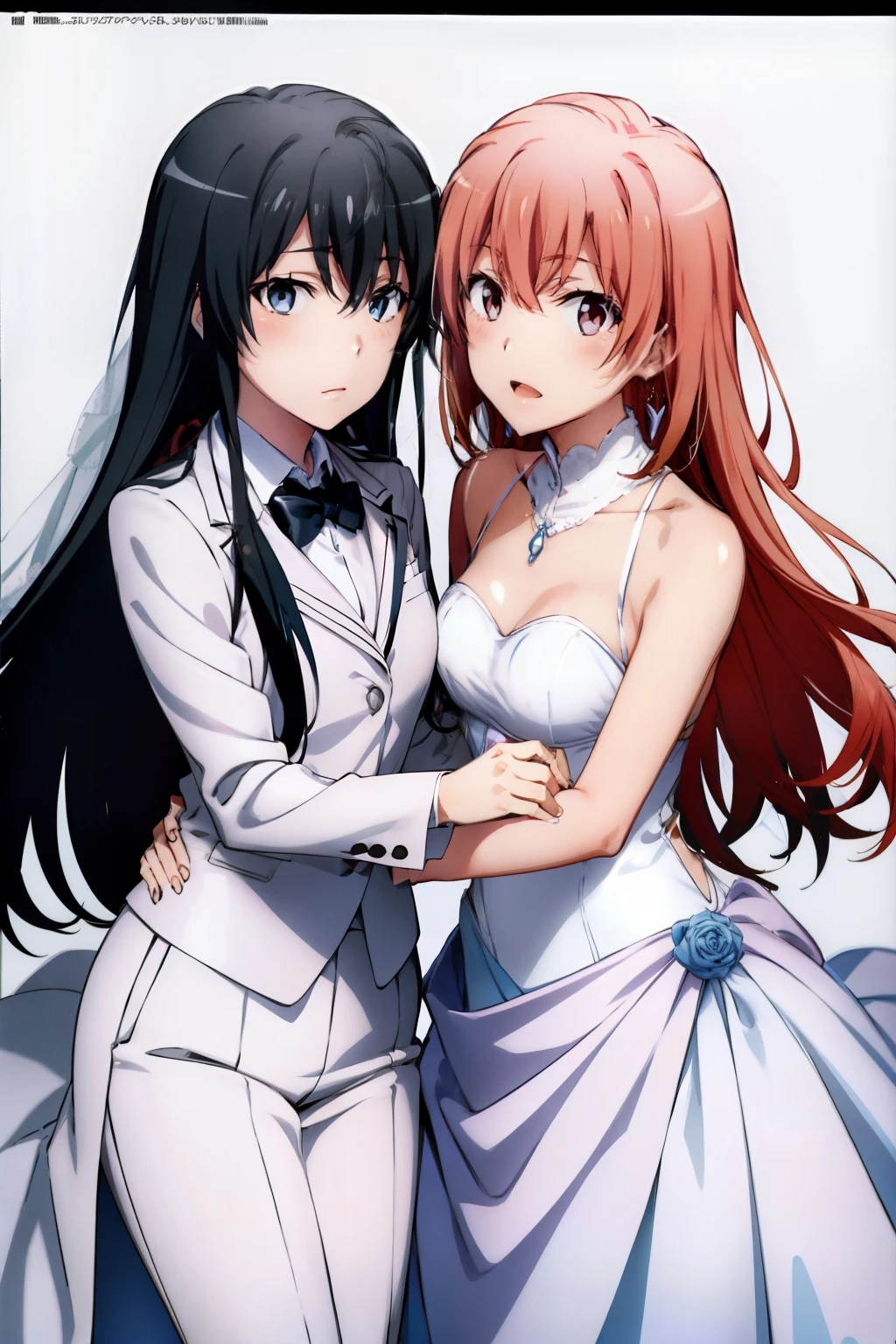 2girls, sample background, Yukinoshita yukino in a tuxedo and coat Married, her wife yuigahama yui in wedding Dress, yuri
