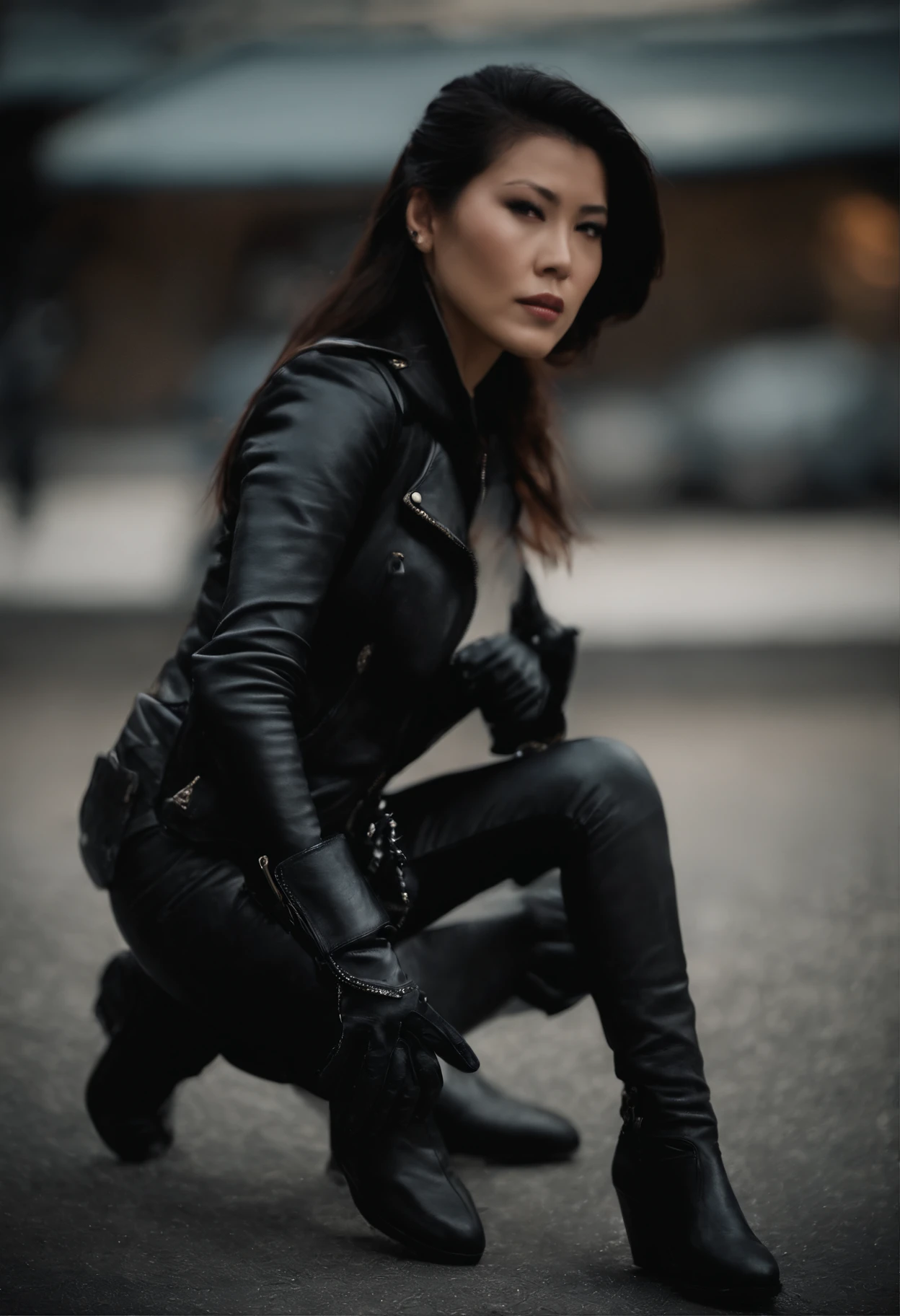 Black leather gloves Black leather riders jacket Black Leather Skinny Pants Black leather long boots Black Hair Ponytail Young Japan Black leather neck corset