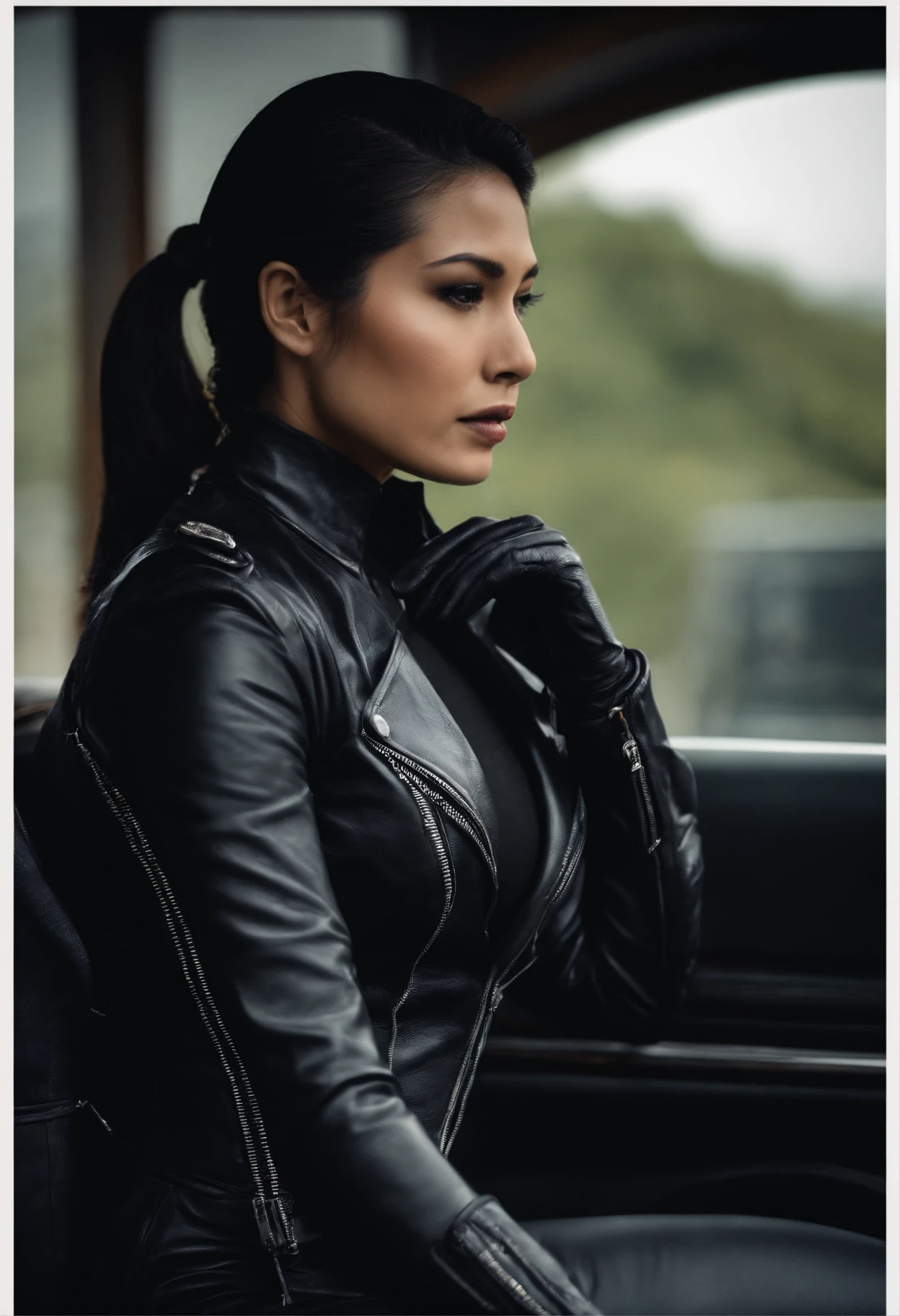 Black leather gloves Black leather riders jacket Black Leather Skinny Pants Black leather long boots Black Hair Ponytail Young Japan Black leather neck corset