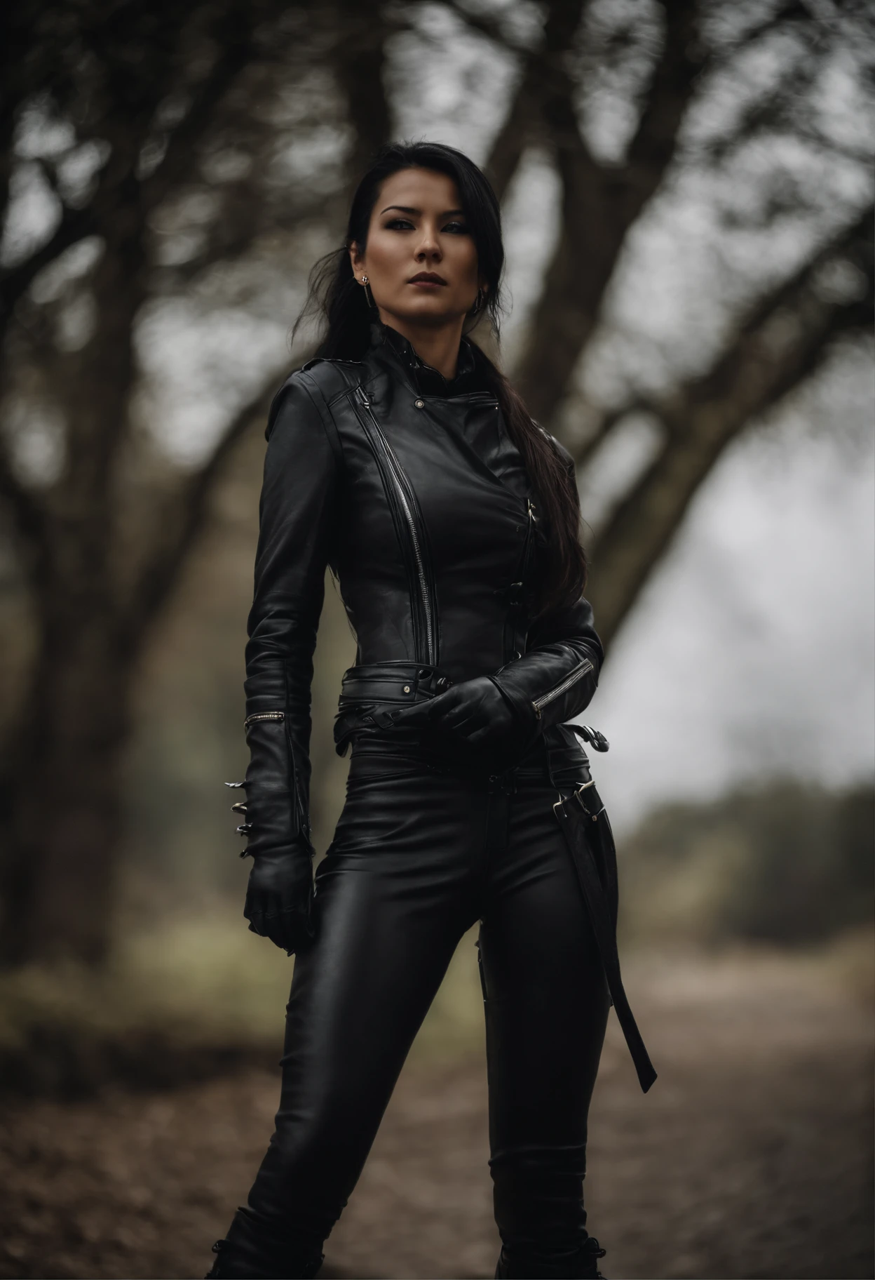 Black leather gloves　Black leather riders jacket　Black Leather Skinny Pants　Black leather long boots　Black Leather Neck Corset　Black straight hair　Venetian mask