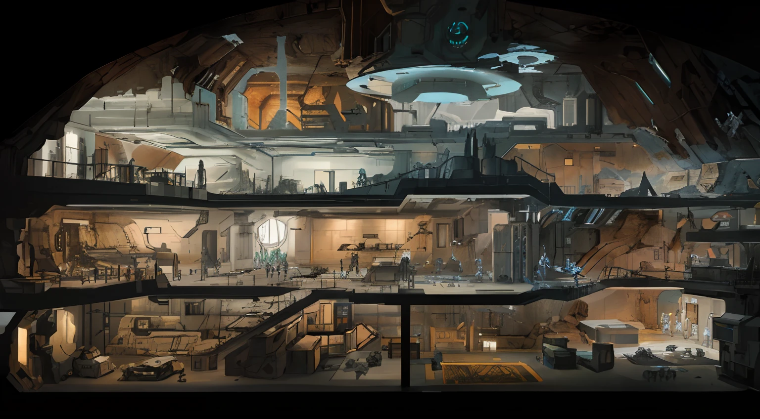 there is a large room with a lot of different things in it, inside a futuristic army base, fallout concept art, surreal sci fi set design, 8 k high detail concept art, metal gear solid concept art, futuristic base, cutaway, concept arts, detailed 4k concept art, mars base, black mesa, concept art. 8 k, concept art