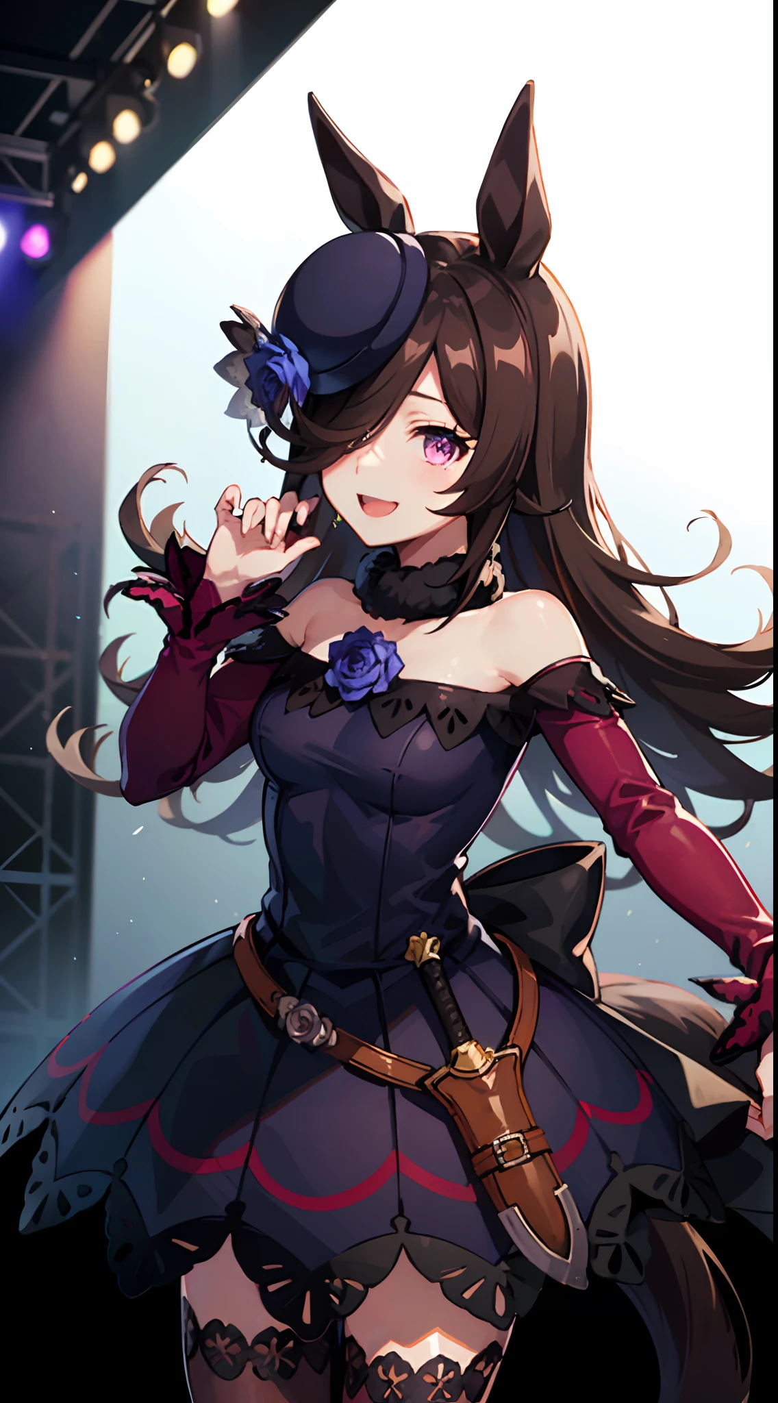 (masutepiece.top-quality)、1 girl in、Black hair、long、a purple eye、Uma Musume、Horse-eared girl、A smile、Laughing、(Background Live Stage:1.4).(Bright background:1.1)、(Dynamism:0.8)