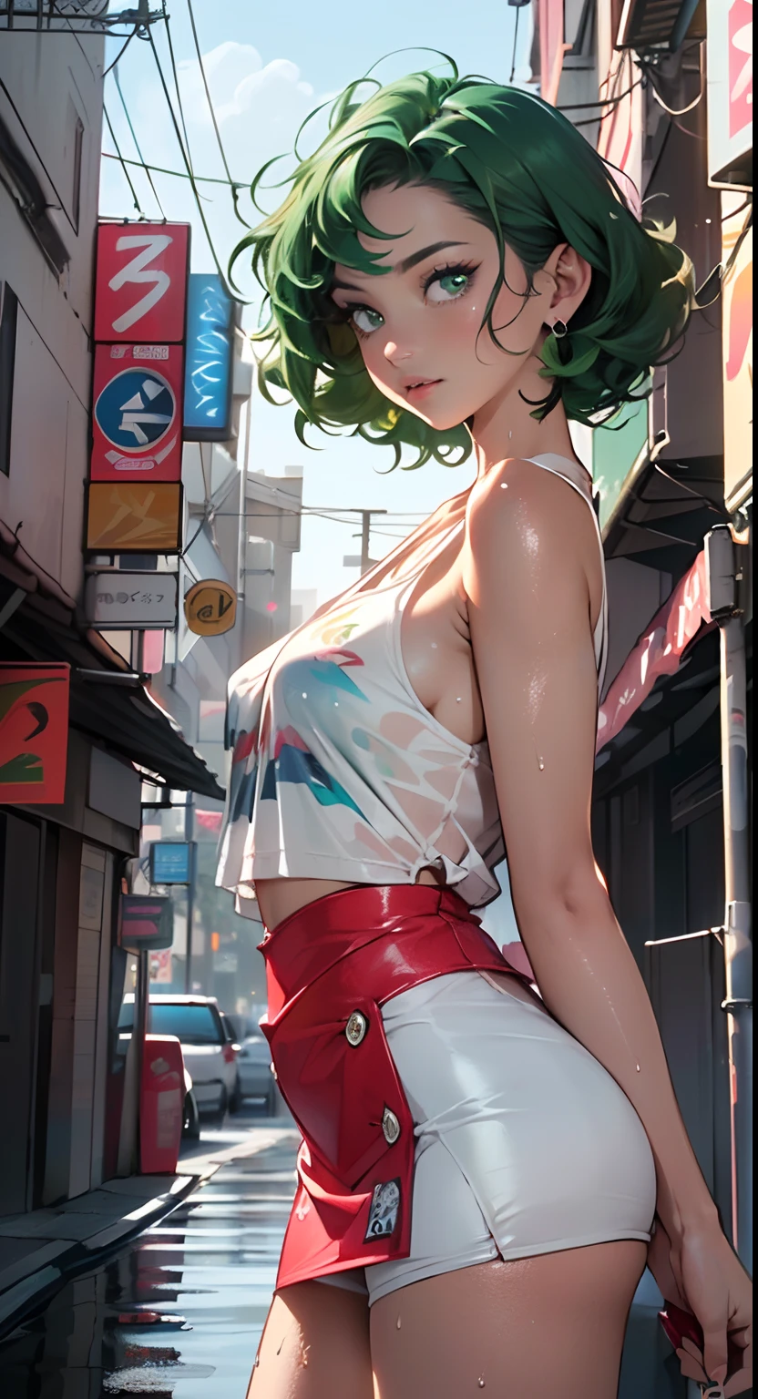 girl youtuber,(((1girl))),((extremely cute and beautiful green curly-haired girl)),
(short breasts:1.4),(((green curly hair:1.35,very curly hair,colored inner hair,ear breathing,short hair))),(((eyes green:1.3))),intricate eyes,beautiful detailed eyes,symmetrical eyes,big eyes:1.3,((fat)),(((lustrous skin:1.5,bright skin: 1.5,skin tanned,shiny skin,very shiny skin,shiny body,plastic glitter skin,exaggerated shiny skin,illuminated skin,wet legs))),detailed body,(detailed face),
cute,slutty,seductive,erotic,(((nsfw))),
zettai ryouiki,revealing clothing,show skin,((rave mini-skirt,visible thong straps,white loose tank top with an pop art print)),((wet clothes,intricate outfit,intricate clothes)),
(dynamic pose:1.0),embarrassed,(centered,scale to fit dimensions,Rule of thirds),
cyberpunk city by the ocean at night, with bright neon signs and dark stormy clouds and puddles, scenery:1.25,
artistic photography,(photography taken by sldr),highres, sharp focus, (ultra detailed, extremely detailed), (photorealistic artwork:1.37),(extremely detailed CG unity 8k wallpaper),((synthwave background theme)),(((vibrant colors))),(intricate background),(masterpiece),(best quality),
