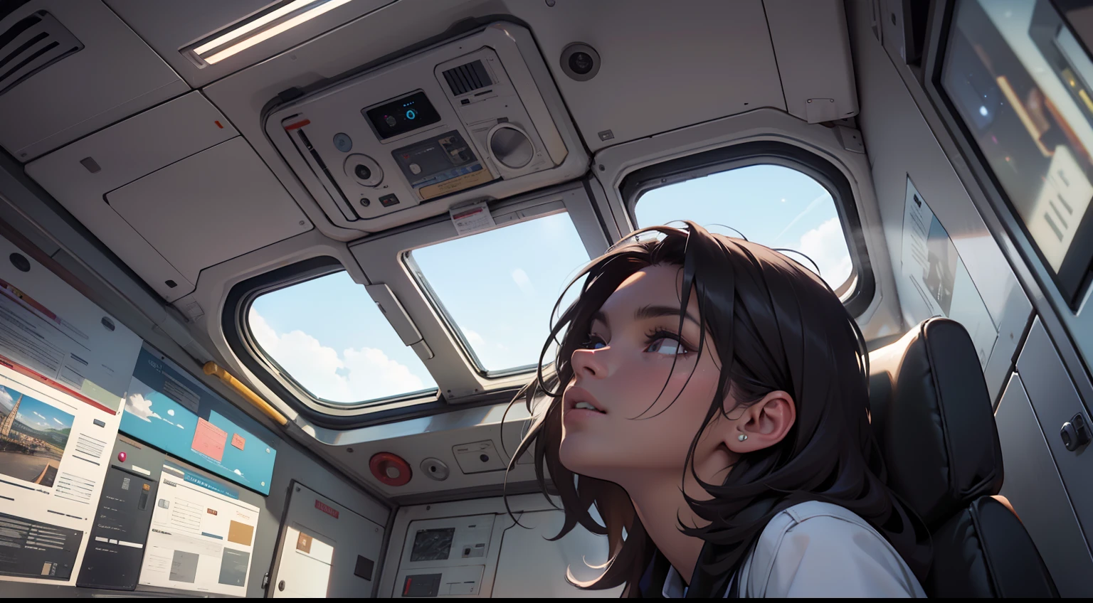ResuminPelé marróm, (gelado:1.4), profundidade de campo, Centrado, Facing the camera, looking up at the audience, nearing perfection, Pintura digital, mulher extremamente linda "Camila Bernal", com cabelos negros longos e trage futurista, pilotando uma nave, sentada dentro da cabine, viajando na galaxia sentada de frente, HDR, 8k, Ultra Detalhado. Tecnologia, conceito-arte, liso, foco nítido, High definition resolution - AR 16:9 --q 2 --s 500 --v 5.1 --- Estilo cru --c 100