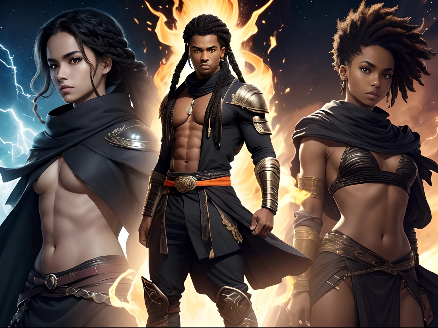 Create an image of a black ninja after an apocalypse in the future, afro cabelo caindo para frente, Rasta type but braided, corpo inteiro, wearing an Indian costume African ribulo full body, A realistic 4K phoenix with blue orange feathers, dourado, cosmico , with a serious expression and looking forward, corpo inteiro.olhos firmes, olhando para frente, lightning in the sky, arms extended, olhando para frente, parado no topo de uma montanha, manto e capa vermelhos, cruz brilhante no ar ,Arte Luz Neon, no escuro da noite, Um alto navega pelos mares iluminados pela ,..lua, estrelas, Colouring, circunstanciado, 4k ((Estilo Art Vista de Corpo Inteiro, plano completo, vista frontal, Vista lateral, vista traseira, de personagem, Multiple views and poses, various points of view, um personagem, corpo inteiro, personagem com menos, estilo de roupa, no mesmo Estilo de cabelo, less Type of footwear, forte )):: ((whole body view, plano completo, vista frontal, vista traseira, design de personagem, Multiple views and poses, various points of view, de um personagem, corpo inteiro,, personagem com menos, estilo de roupa, no mesmo Estilo de cabelo, less Type of footwear))