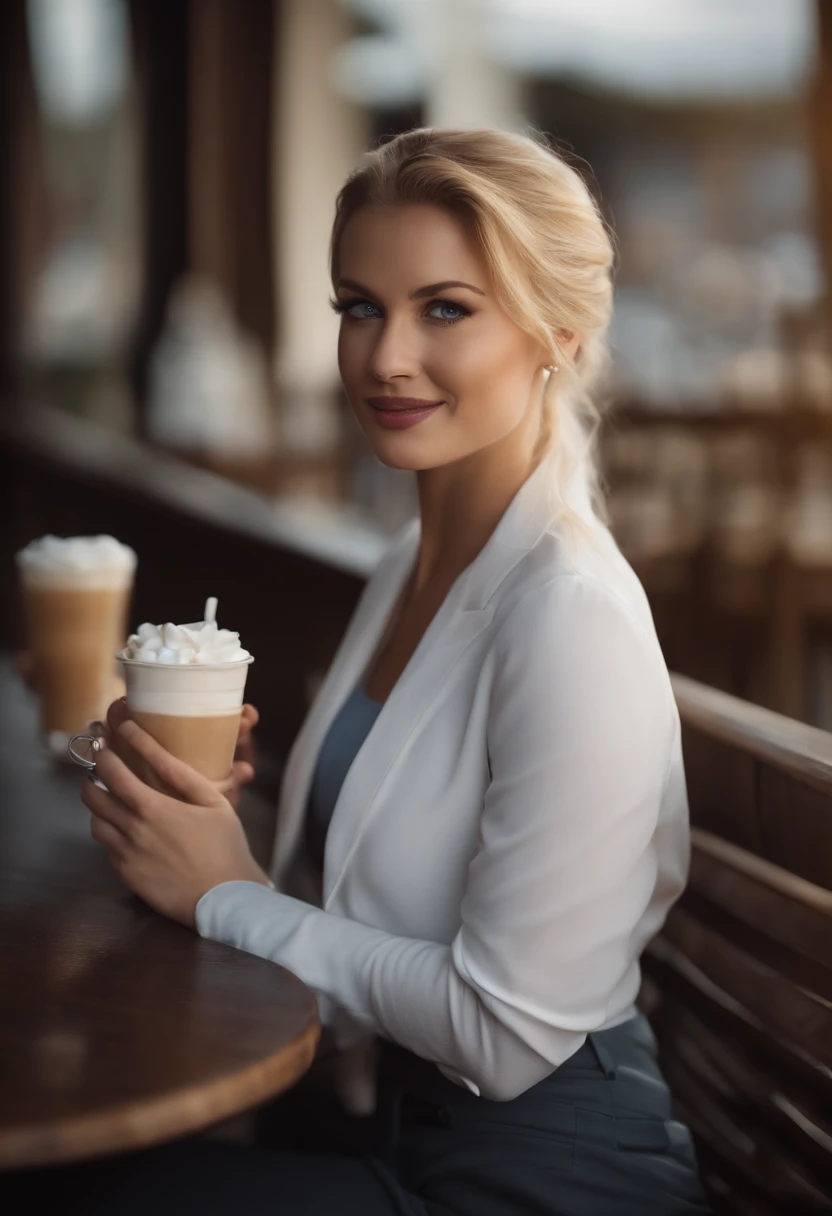 2 pretty girl，white skinned，blond hair，shorter pants，looking at viewert，pony tails，Cafe，blue eyes，Realistis，Curvaceous pose，Bigchest，huge tit，ssmile，low chest