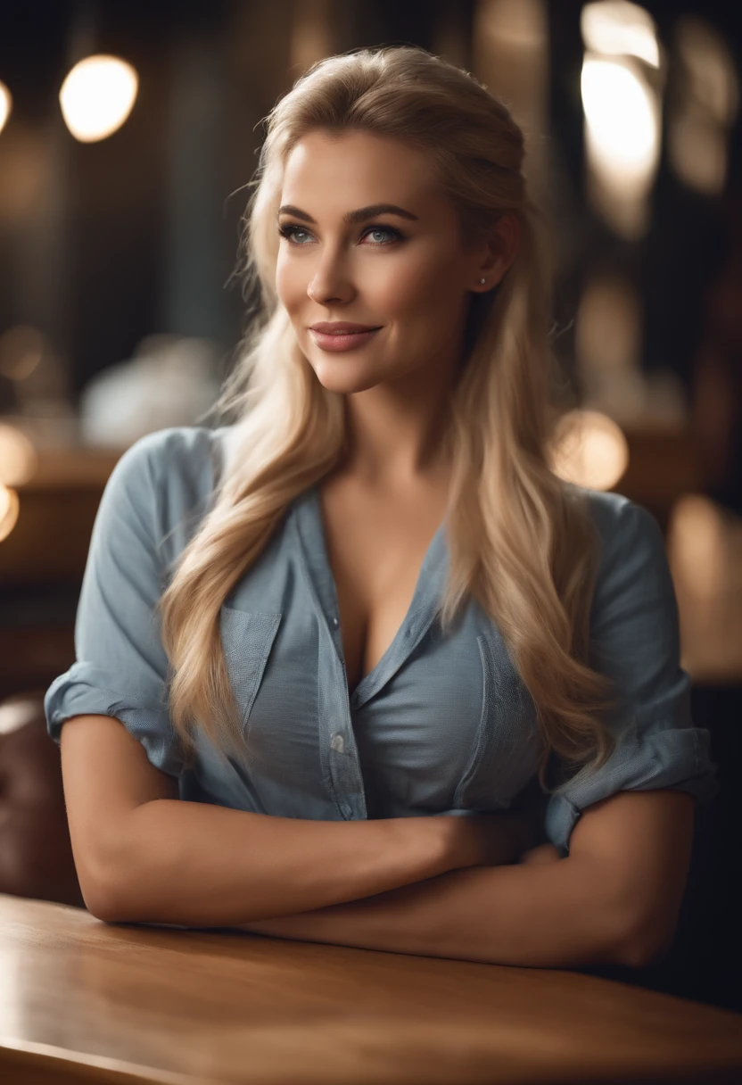 2 pretty girl,white skinned,blond hair,shorter pants,looking at viewert,pony tails,Cafe,blue eyes,Realistis,Curvaceous pose,Bigchest,huge tit,ssmile,low chest