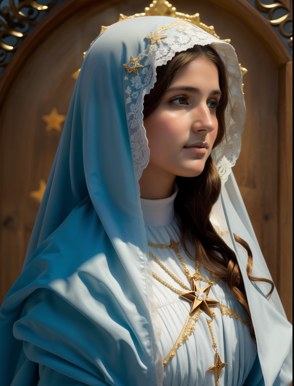 (((Blessed Virgin Mary of Mount Carmel))) Luminoso, en estilo similar al del artista WILLIAM ADOLPHE BOUGUEREAU, obra maestra, (La mejor calidad: 1.2), (super fine: 1.2), illustration, (extremadamente delicado y hermoso: 1.2), movie angle, flotante, (Hermoso ojo de detalle: 1.1), (detalle luz: 1.1), Movie Lights, Cielo delicado, ojos azules, (Cola de caballo alta: 1.1), capa, ojuelos, cielo estrellado, (light particles: 1.1) dibujo, flor. (obra maestra), (La mejor calidad), (fotorrealista:1.3), 8k, Textura detallada de la piel, Textura detallada de la tela, hermosa cara detallada, Detalles intrincados, ultra detallado (cuerpo de cuerpo entero:1.2)