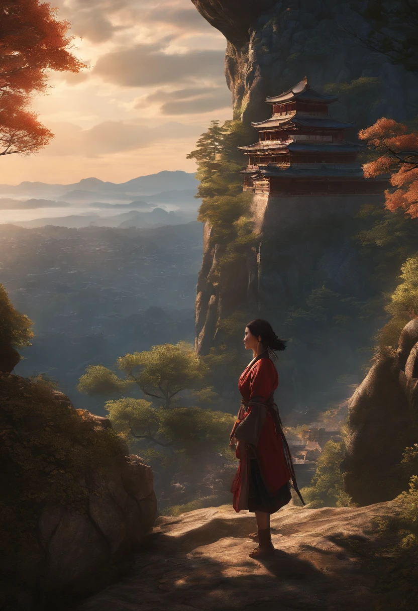 Masterpiece, best quality, (very detailed CG unit 8k wallpaper) (best quality), (best illustration), (best shadows) (girl ), on top of a cliff, looking at Ashina castle, feudal Japan, Ray tracing, sinister environment, ultra detailed, , impressionism style --v6
