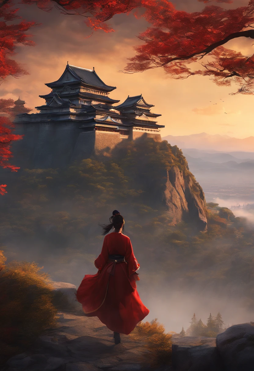 Masterpiece, best quality, (very detailed CG unit 8k wallpaper) (best quality), (best illustration), (best shadows) (girl ), on top of a cliff, looking at Ashina castle, feudal Japan, Ray tracing, sinister environment, ultra detailed, , impressionism style --v6