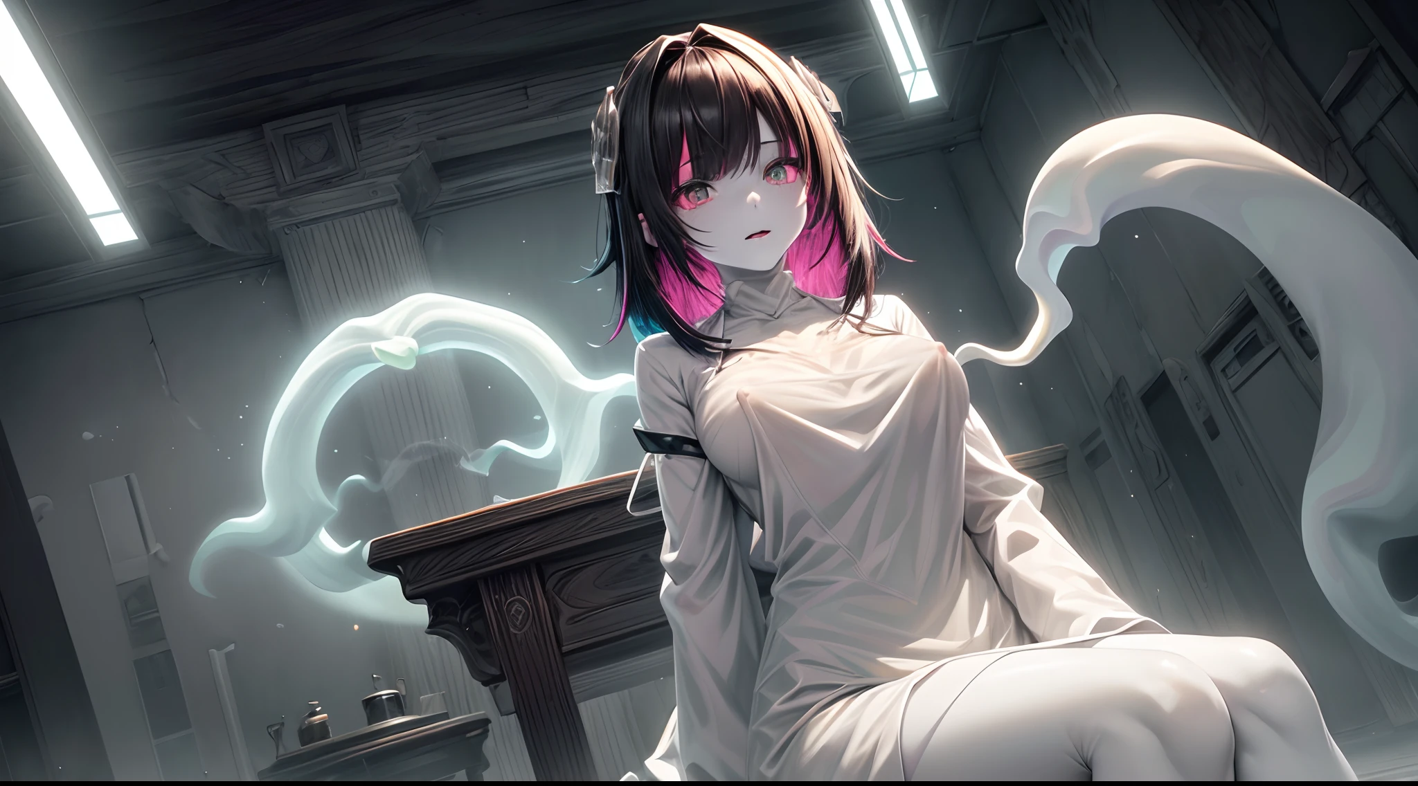 (ghosty:1.85) (doctor:1.5) girl, (white doctor coat:1.4), (spirit, spiritual:1.2), 1girl, perfect and well designed glowing shiny eyes, (beautiful detailed eyes:1.05), natural medium breasts, slim body, beautiful and delicate cute face, (face detail), ((realistic face)), pores, ((pale grey skin)), detailed skin, realistic skin, (((bioluminescence))), ((shiny skin)), (multicolored gradation skin), (monster girl:1.25), human face, medium length hair, hair voluminous, (((((multicolored gradation hair))))), (dark-haired:1.65), super high resolution, 8k, parameters Best quality, (masterpiece:1.4), (magic accessories:1.4), bracelets, extremely detailed thick tight ((dark grey:0.85), (green:1.2), (pink:0.5)) medical outfit, (shirt:1.4), skirt, (standing nipples under cloth:1.2), (neckline:1.3), cleavage, decolette, Young Girl, Little Beast, (Smile:0.9), (pale Skin:1.65), ultra detailed, photorealistic, ((Real image)), (best quality:1.4), super high resolution, (Realistic 2.0), More details, (((1girl))), {(medical ward:1.2)|(doctor office:1.2)}, (beautiful and aesthetic:1.2), (fractal art:1.4), (cinematic light:1.1), (close DUTCH ANGLE:1.2), 16K, HDR, RTX, Ray Tracing, Radiosity, Anisotropic Filtering, Subsurface Scattering, (((magic lights))), metallic reflections, Detailed, Realistic, 4k highly detailed digital art, (cool_color), extremely detailed CG unity 8k wallpaper, vibrant colors, (seductive sitting pose:1.6)