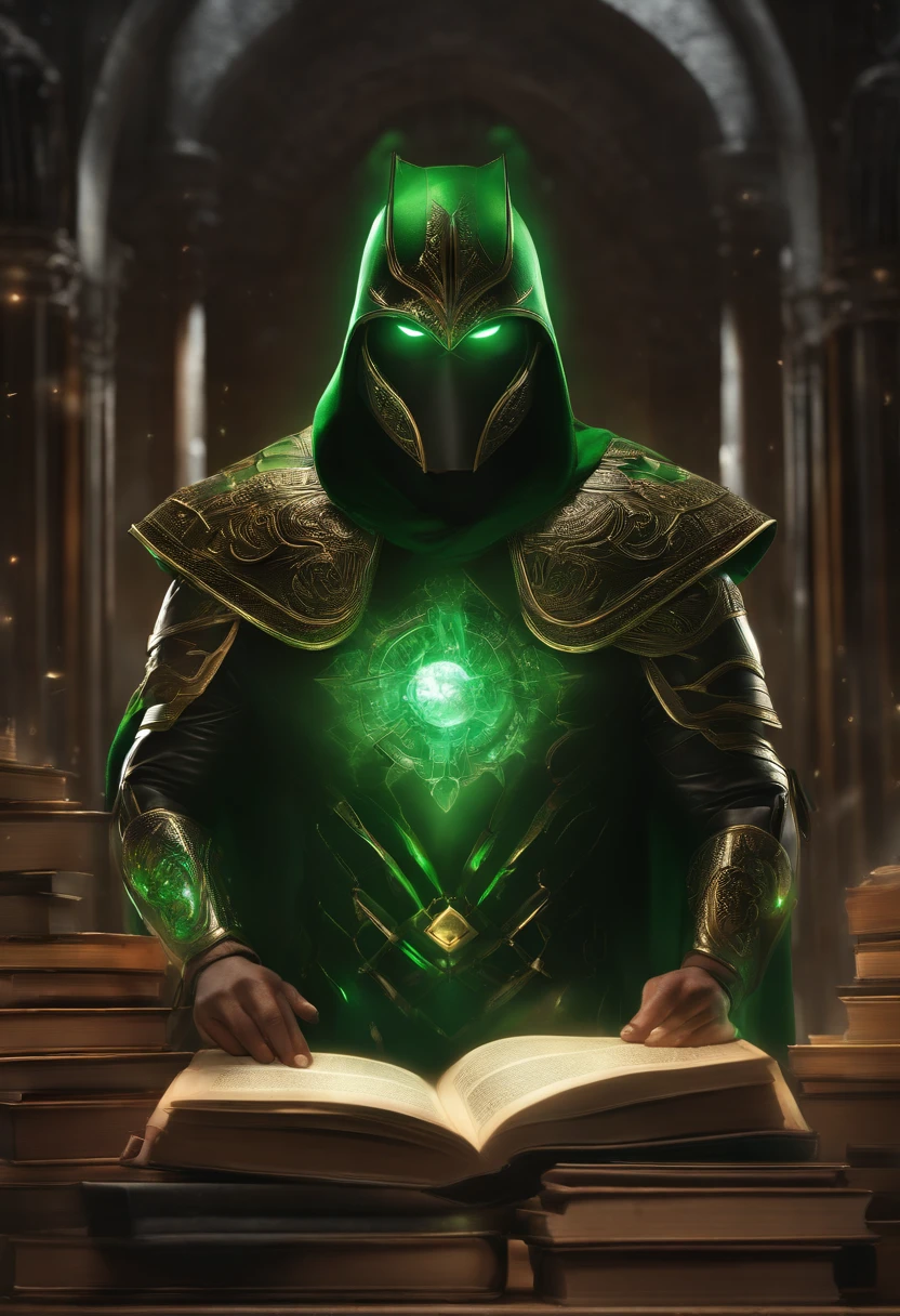 NFT 5 - Name: "Protector of Knowledge"
Create an NFT that shows the scholarly superhero as the protector of the source of all knowledge. They should be in a majestic pose, surrounded by stacks of books, holographic information, and technological devices. The predominant colors are green and black, with a focus on metallic details that reflect the importance of knowledge. Ensure an exceptional level of realism and detail in this representation.