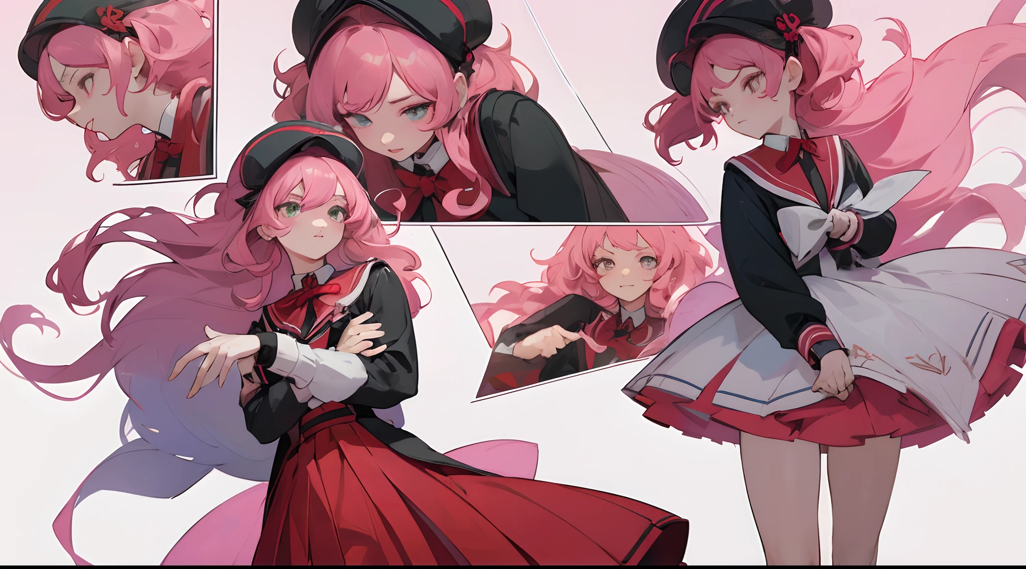 Masterpiece: 1.6, Best Quality: 1.4, Live Image: 1.2, intricate details: 1.2, Graphicsournerv2: 1.2, ember, 17 yr old, Hair coloring split, One part of the hair is black, the other is pink, colored curls, Fashionable school uniform, whitebackground (Single background, whitebackground: 1.3), multiple views, Multiple images of the same character in the same outfit: 1.3.